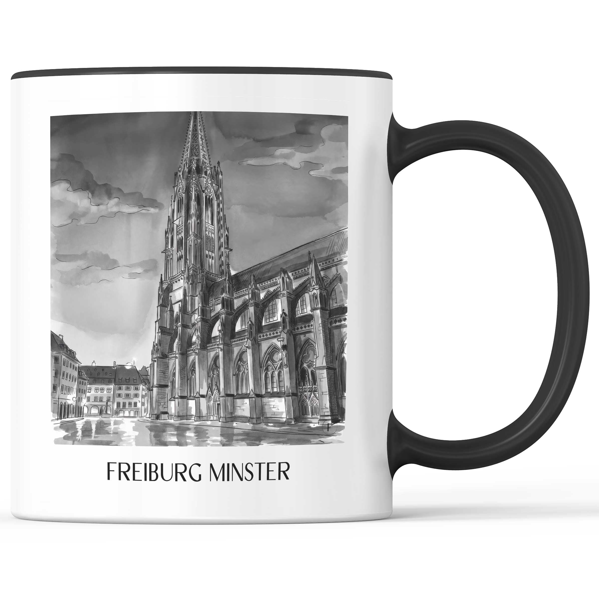 Freiburger Münster Kaffeebecher - Schwarzwald - Deutschland Becher - Kaffeetasse im Aquarell Schwarz-Weiß Stil