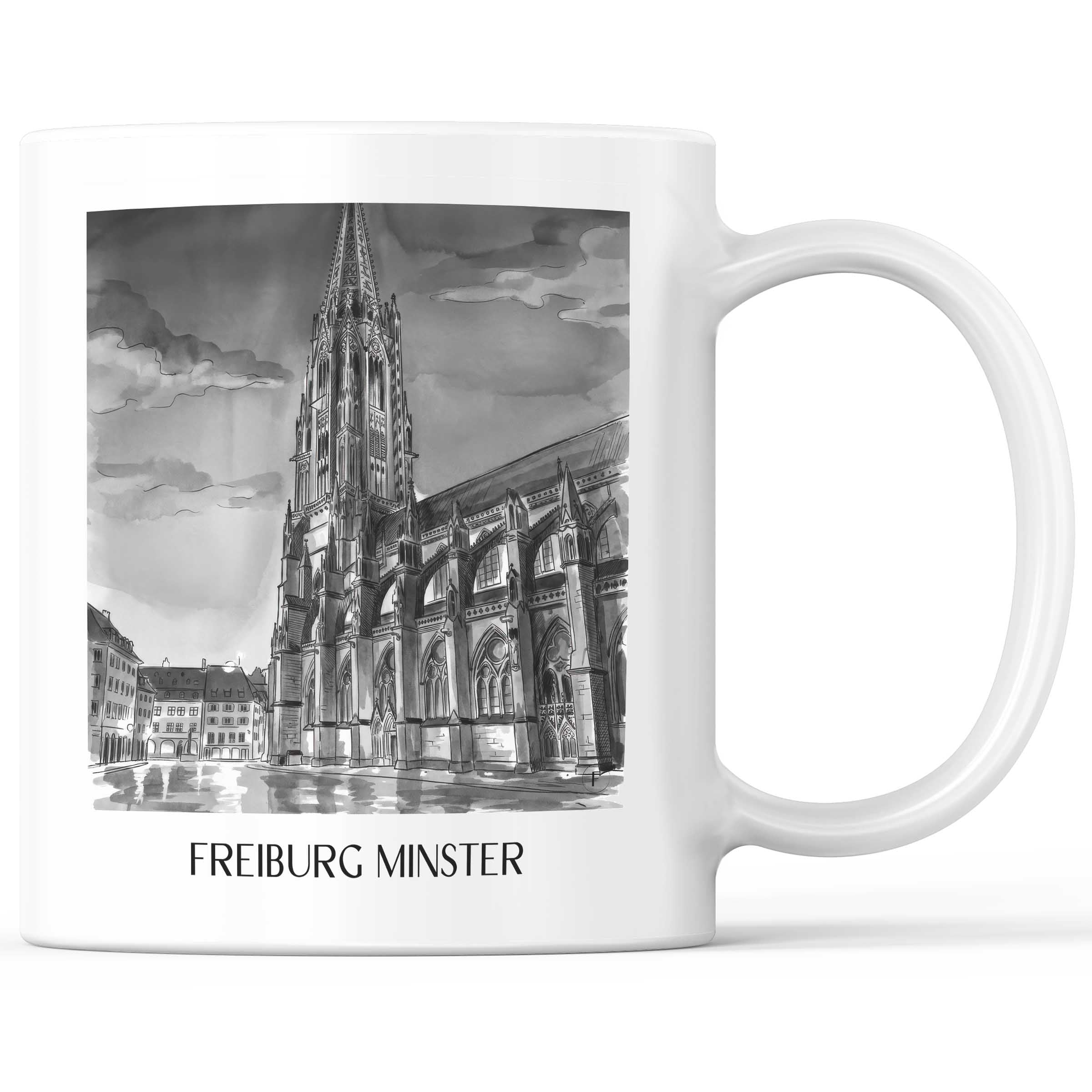 Freiburger Münster Kaffeebecher - Schwarzwald - Deutschland Becher - Kaffeetasse im Aquarell Schwarz-Weiß Stil