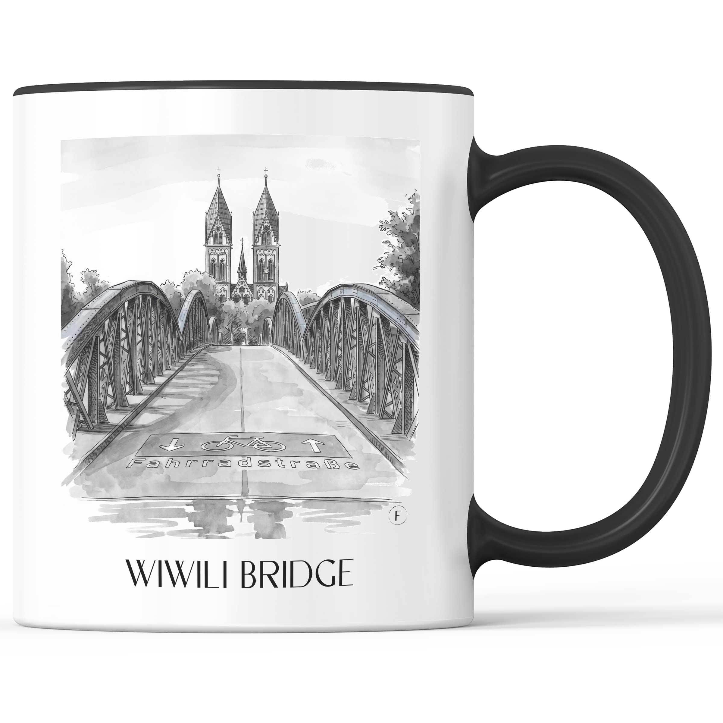 Wiwili Brücke Kaffeebecher - Freiburg - Deutschland Becher - Kaffeetasse im Aquarell Schwarz-Weiß Stil