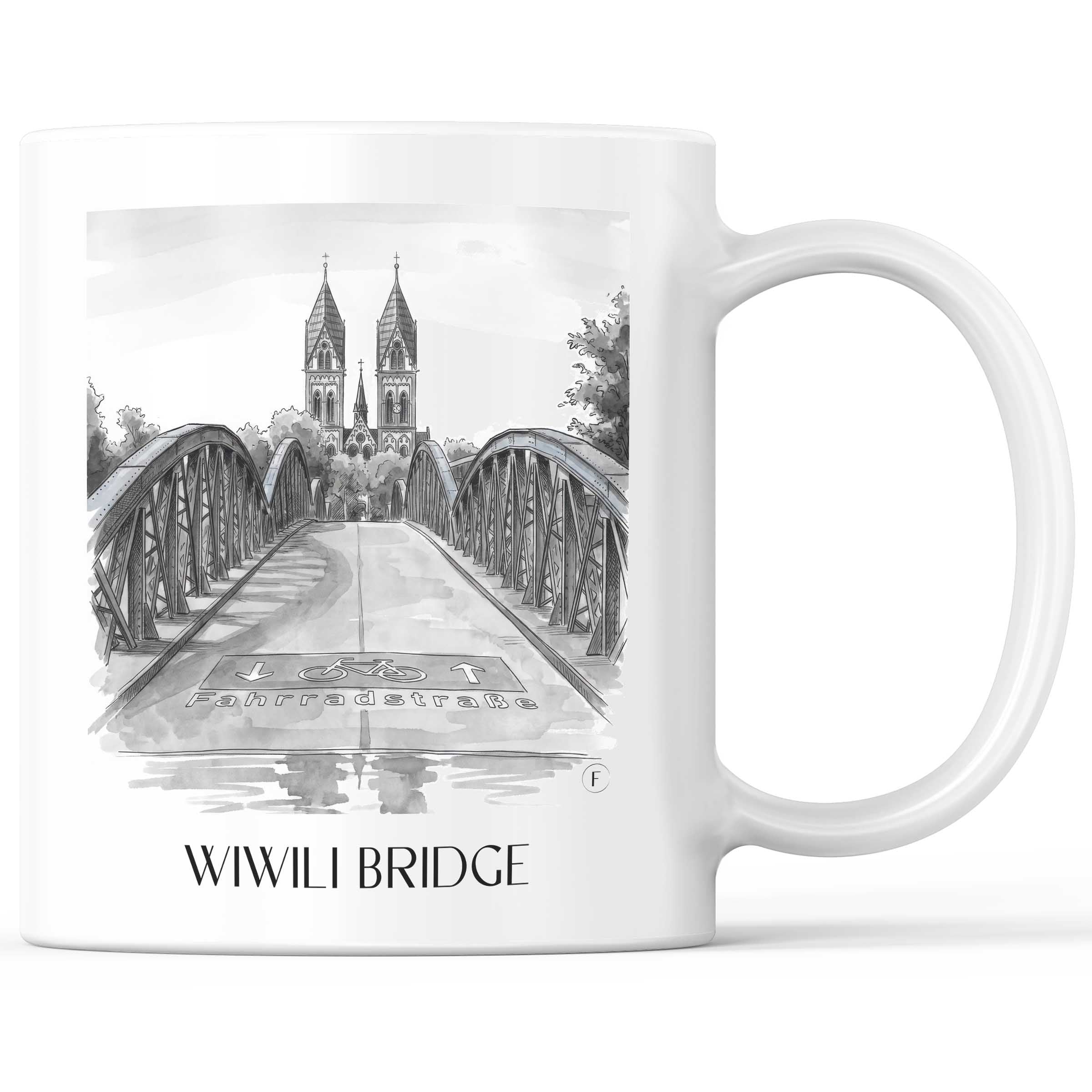 Wiwili Brücke Kaffeebecher - Freiburg - Deutschland Becher - Kaffeetasse im Aquarell Schwarz-Weiß Stil