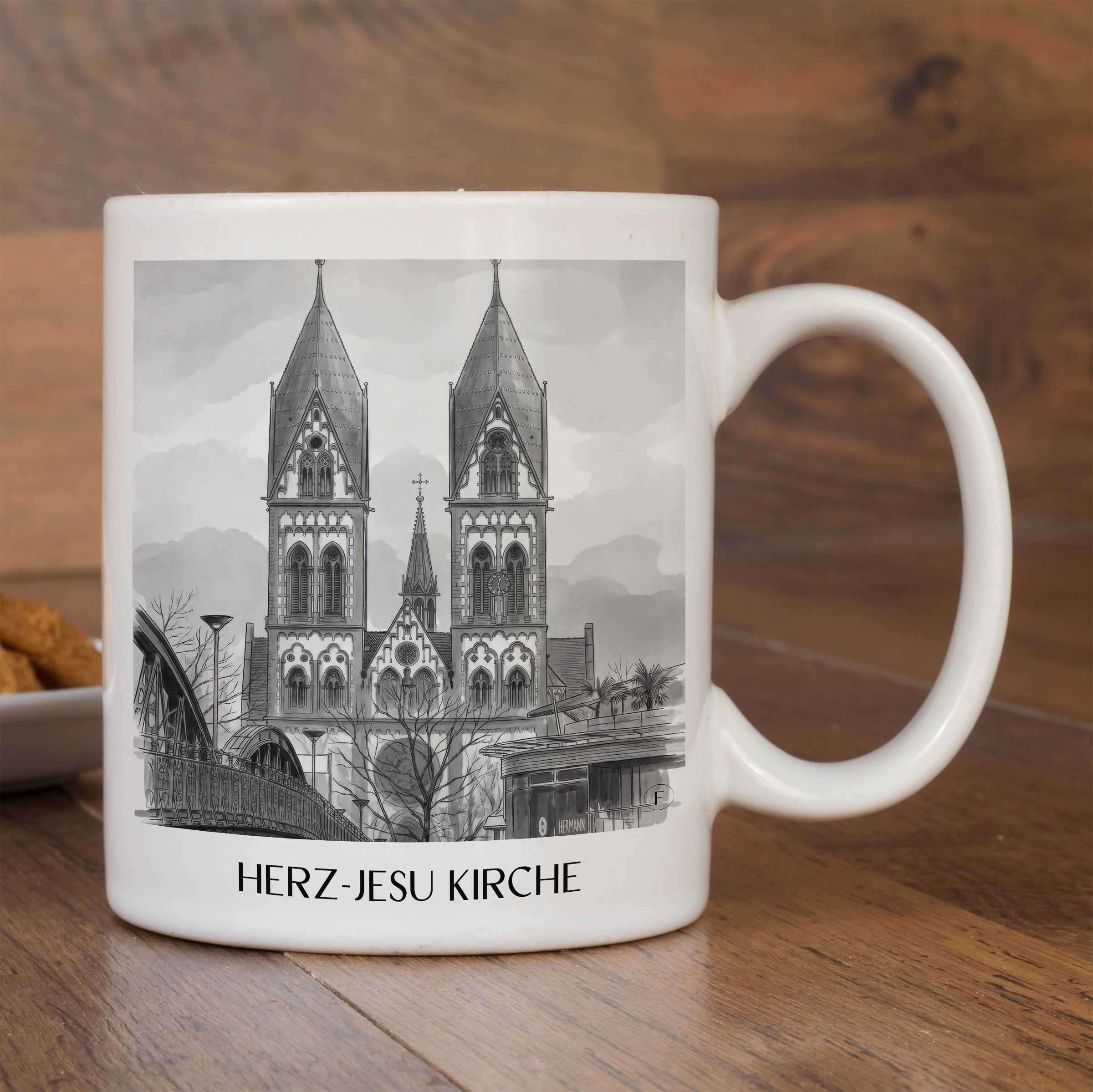 herz-jesu-kirche-freiburg-deutschland-kaffeebecher-aquarell-schwarz-weiss