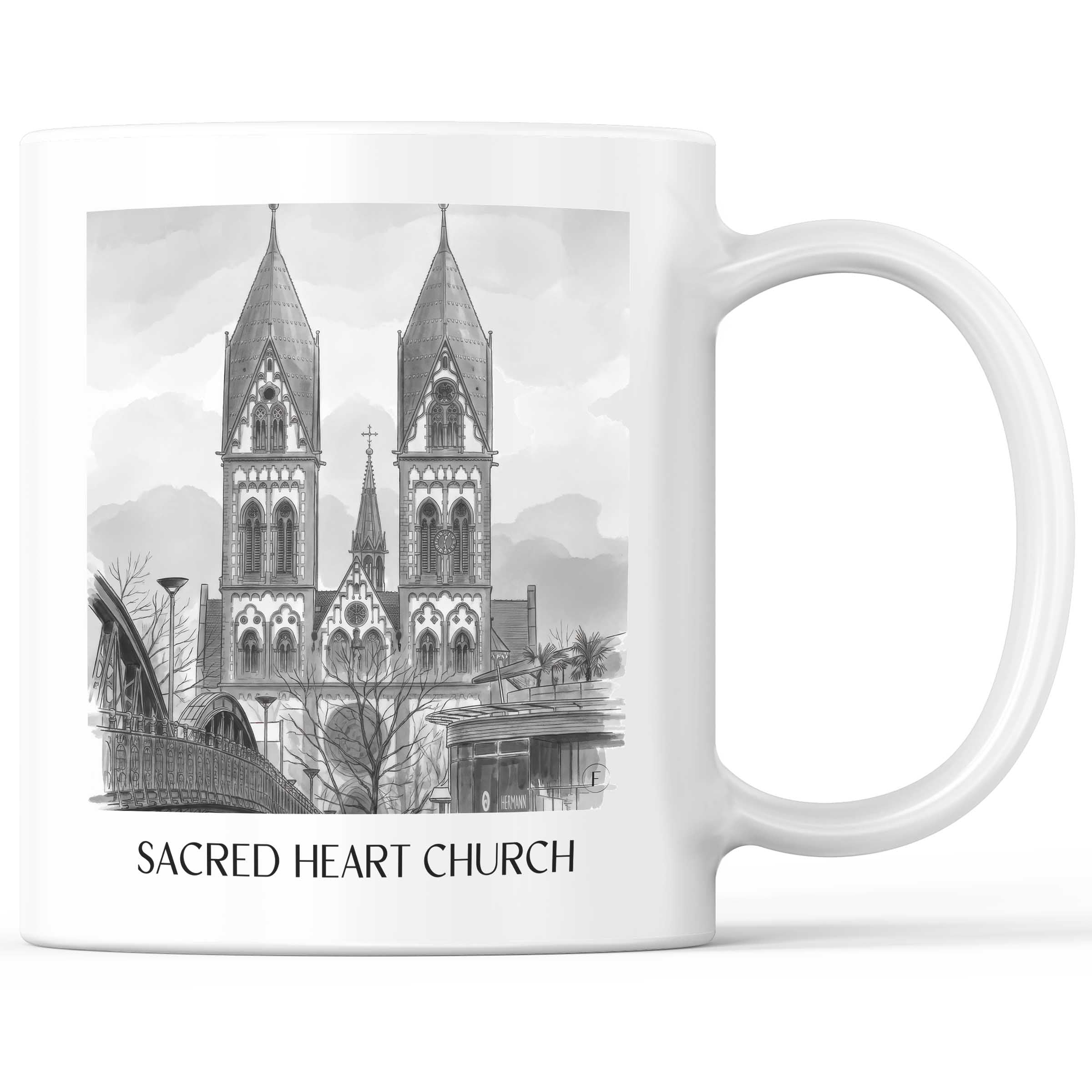 Herz-Jesu Kirche Kaffeebecher - Freiburg - Deutschland Becher - Kaffeetasse im Aquarell Schwarz-Weiß Stil
