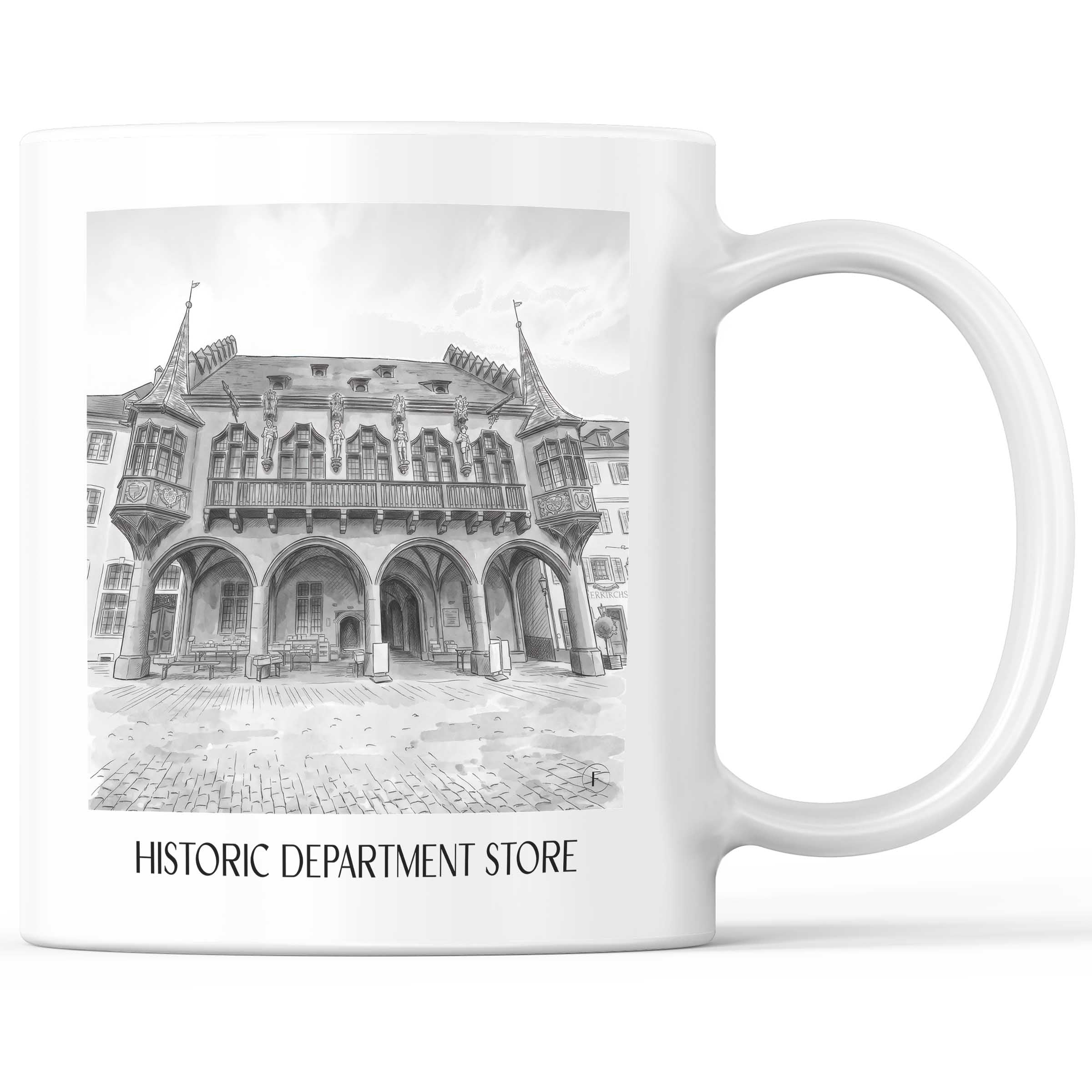 Historisches Kaufhaus Kaffeebecher - Freiburg - Deutschland Becher - Kaffeetasse im Aquarell Schwarz-Weiß Stil