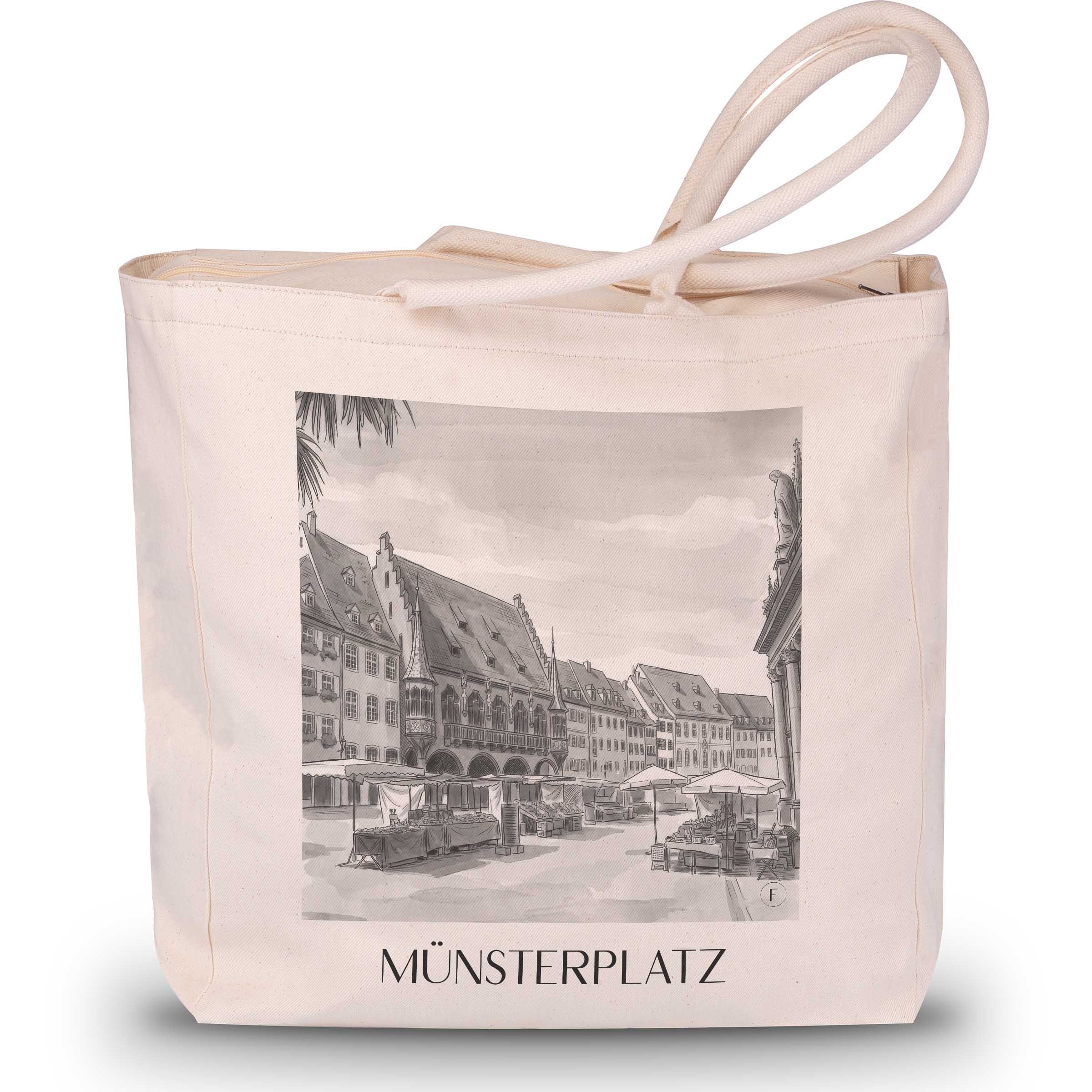 münsterplatz-freiburg-deutschland-einkaufstasche-aquarell-schwarz-weiss