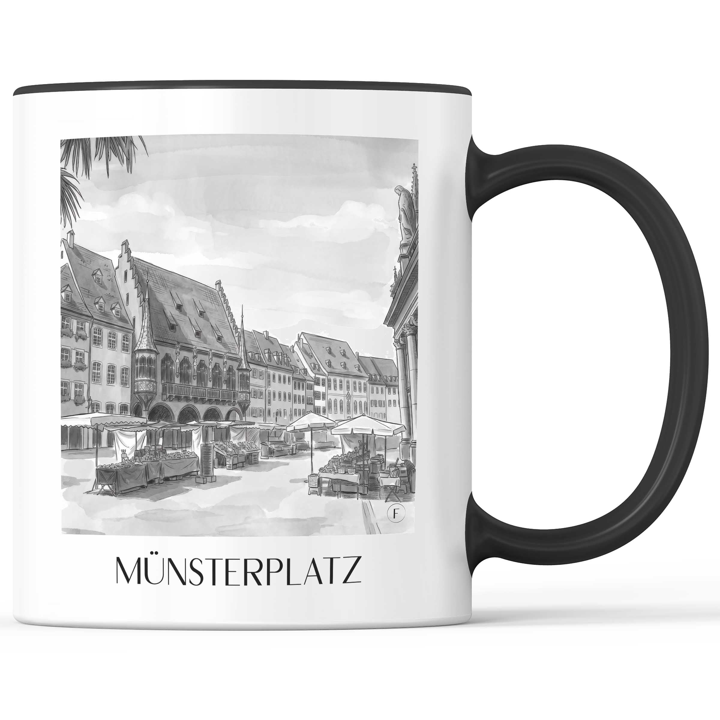 münsterplatz-freiburg-deutschland-kaffeebecher-aquarell-schwarz-weiss