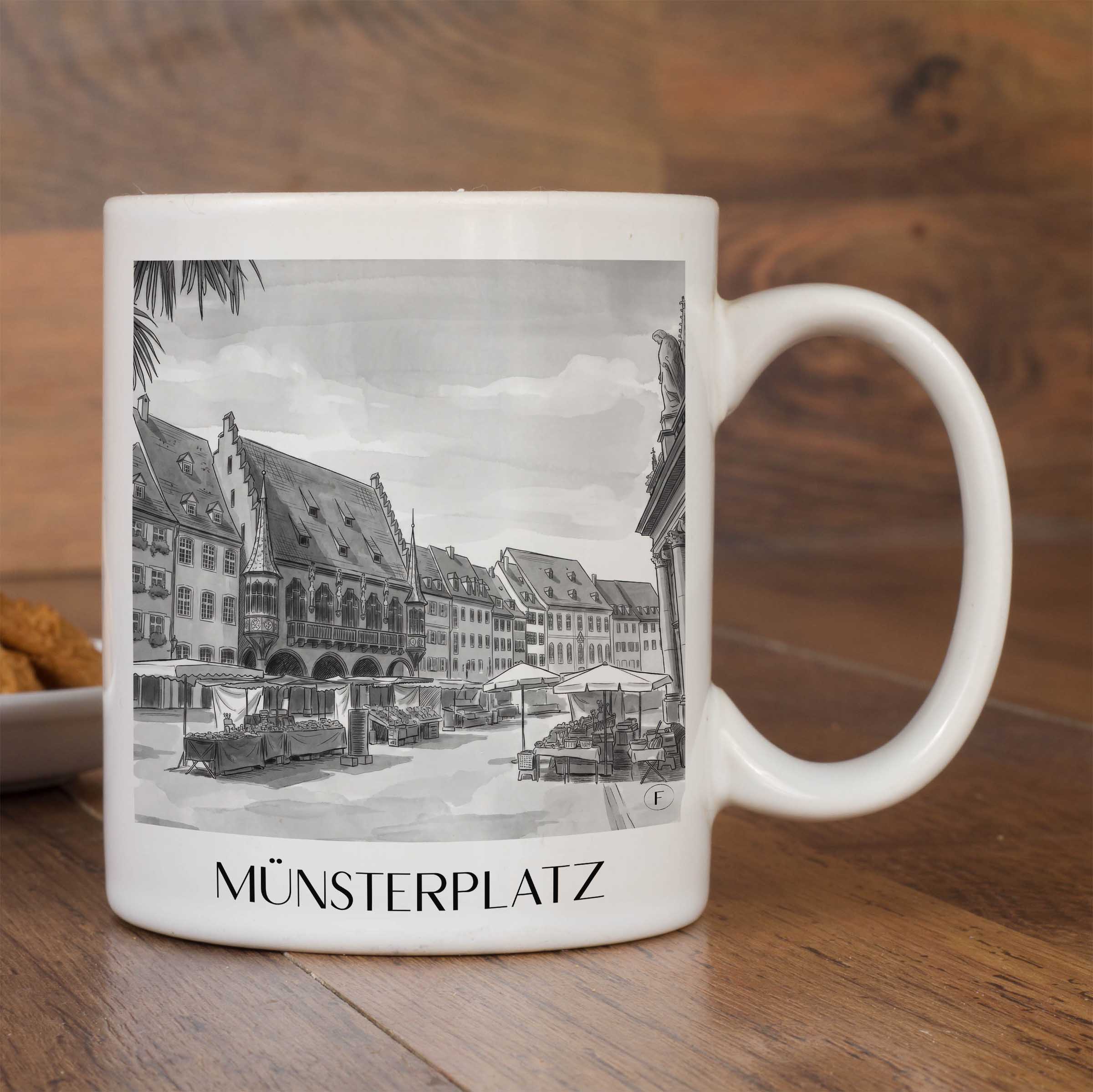 münsterplatz-freiburg-deutschland-kaffeebecher-aquarell-schwarz-weiss
