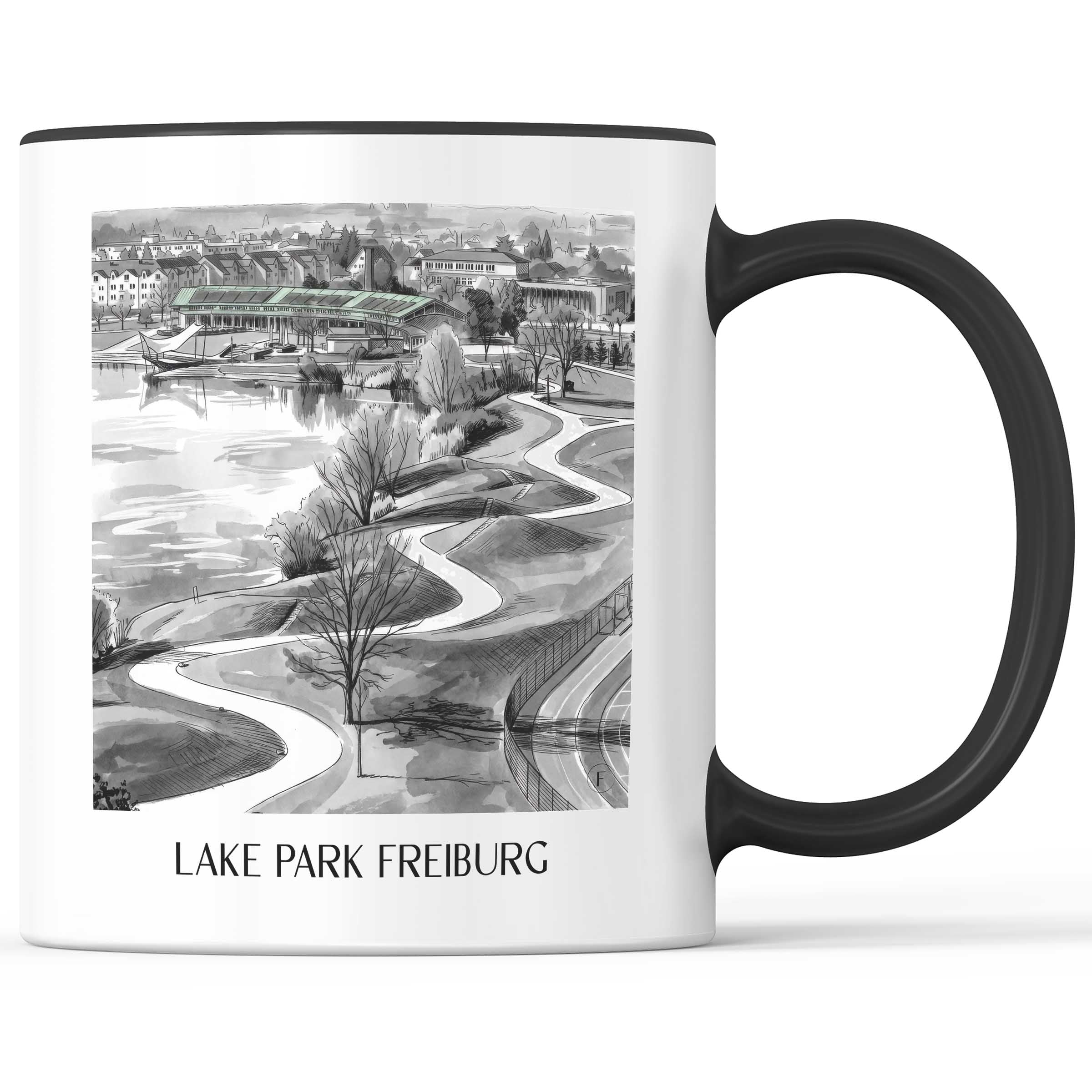 Seepark Kaffeebecher - Freiburg - Deutschland Becher - Kaffeetasse im Aquarell Schwarz-Weiß Stil