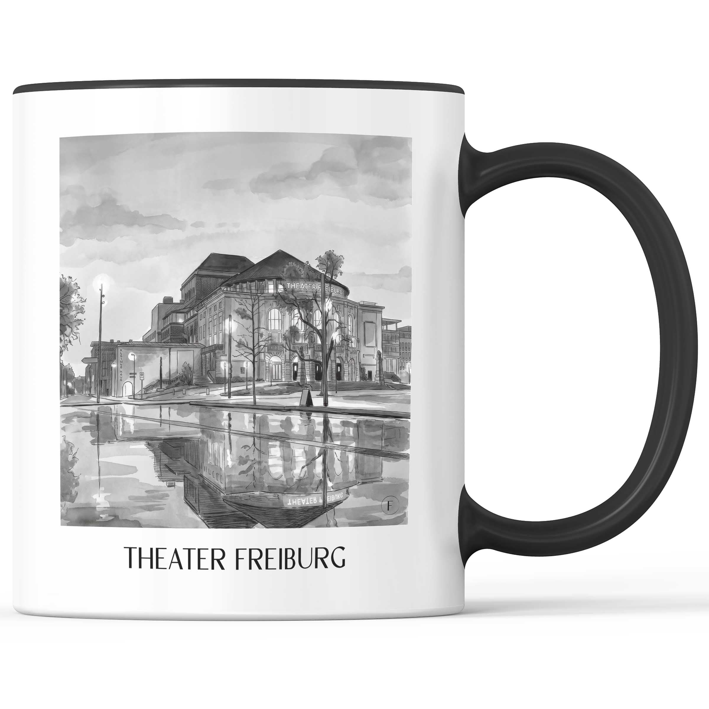 Theater Kaffeebecher - Freiburg - Deutschland Becher - Kaffeetasse im Aquarell Schwarz-Weiß Stil