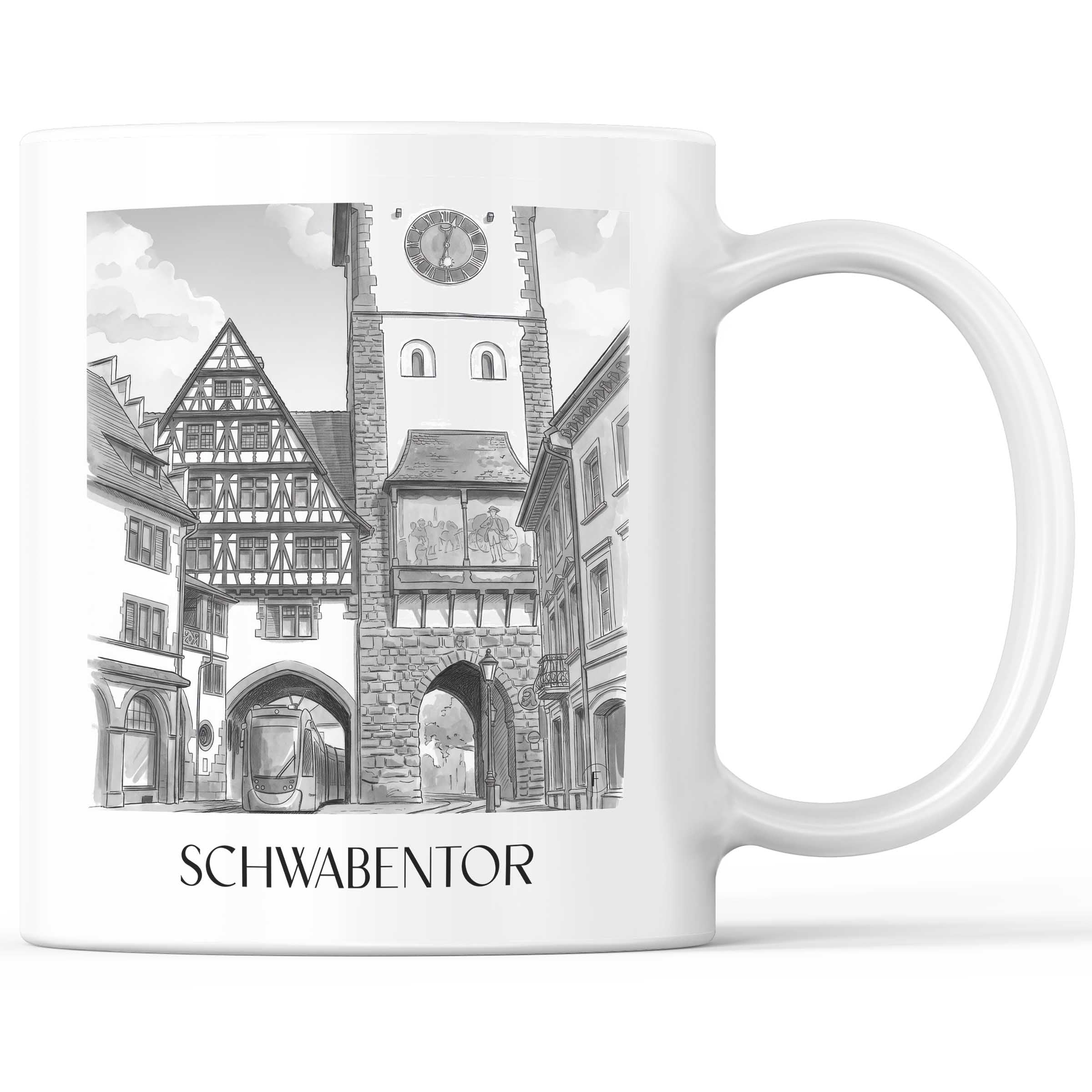 schwabentor-freiburg-deutschland-kaffeebecher-aquarell-schwarz-weiss