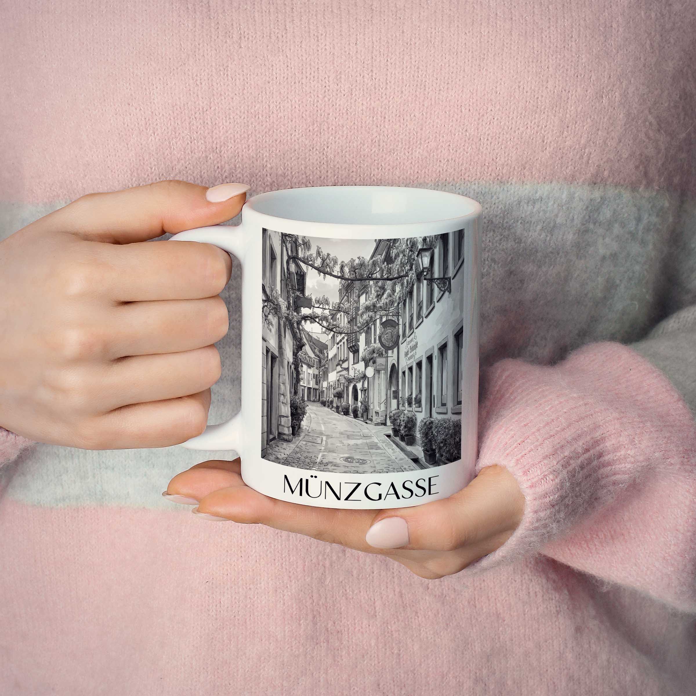 münzgasse-freiburg-deutschland-kaffeebecher-aquarell-schwarz-weiss