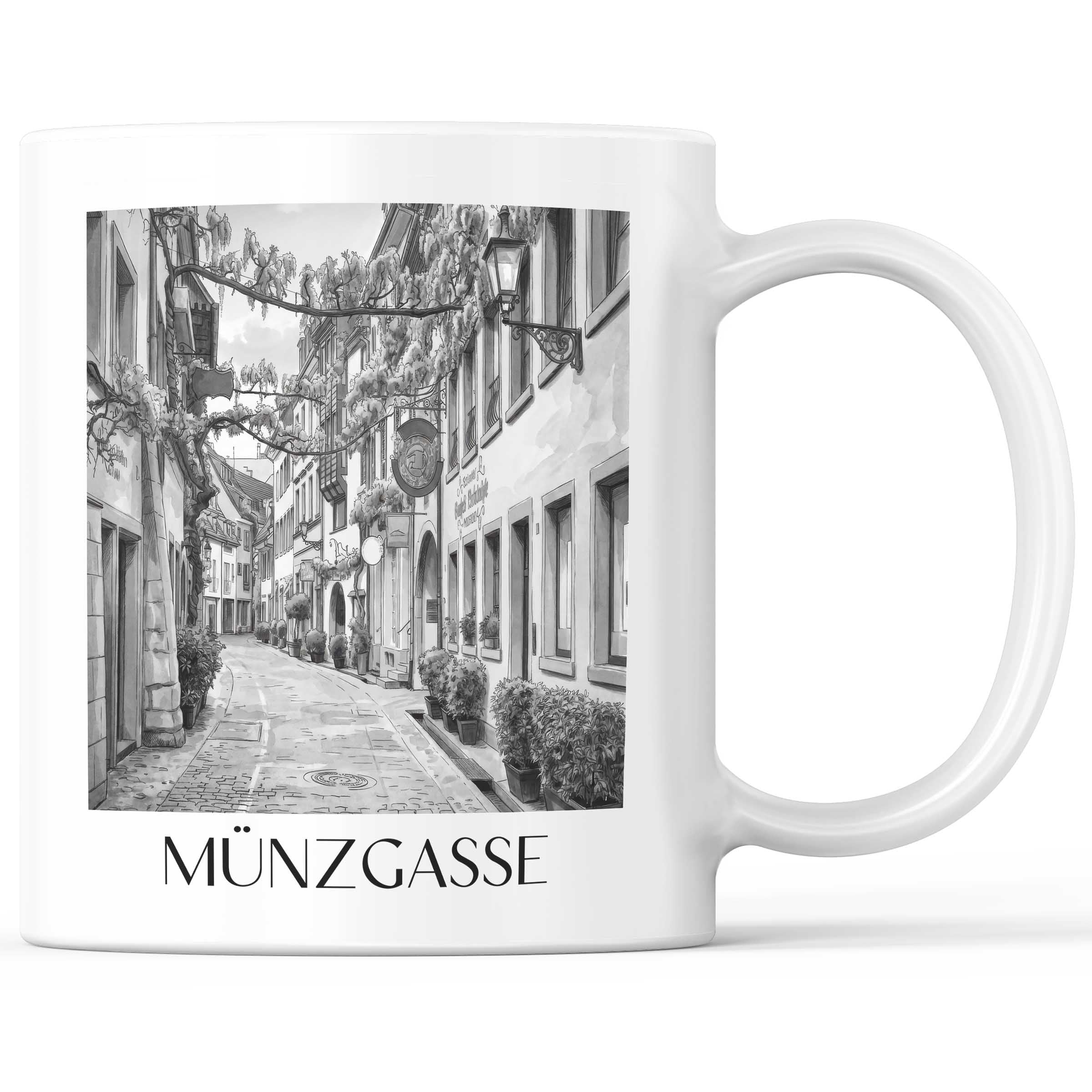 Münzgasse Kaffeebecher - Freiburg - Deutschland Becher - Kaffeetasse im Aquarell Schwarz-Weiß Stil