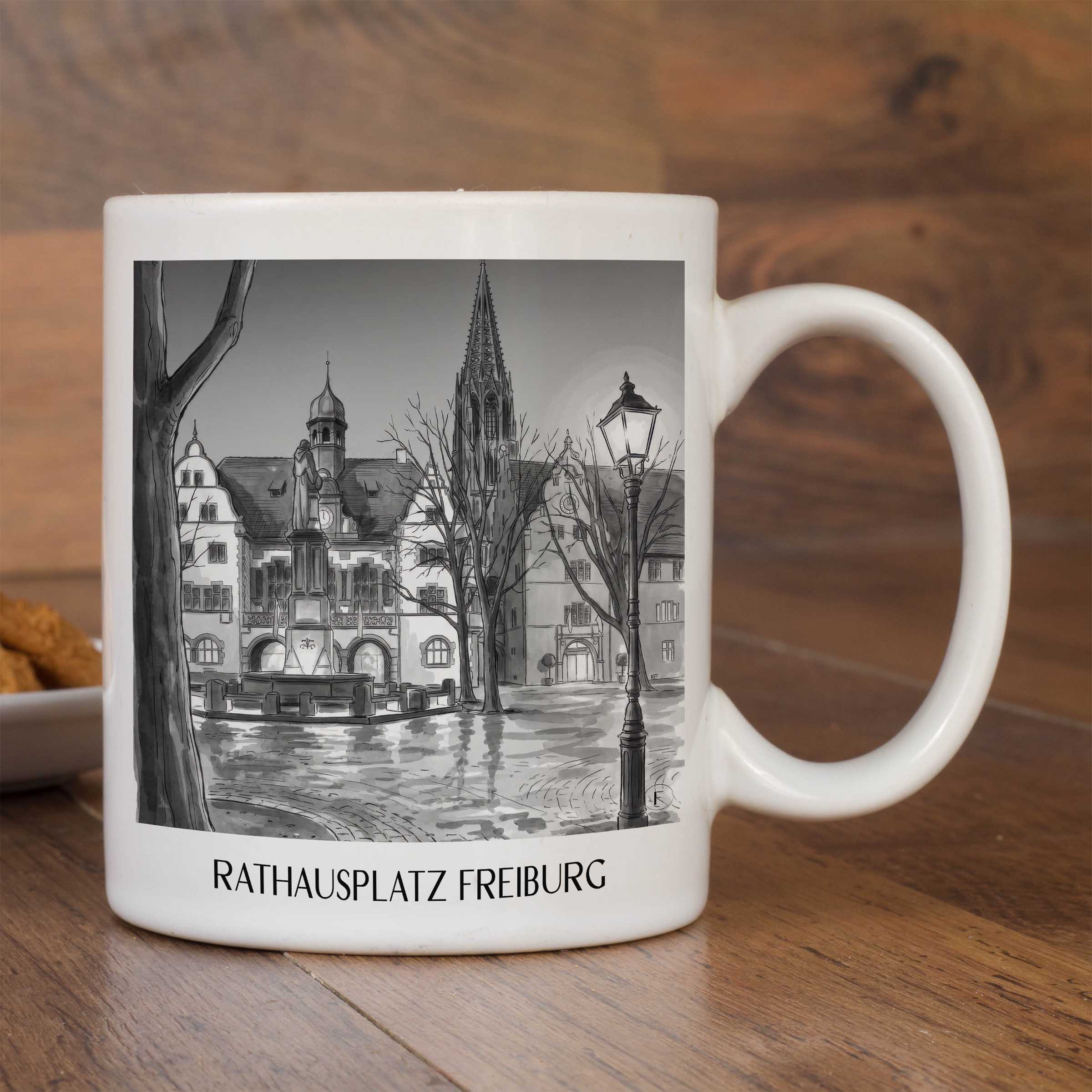 rathausplatz-freiburg-deutschland-kaffeebecher-aquarell-schwarz-weiss
