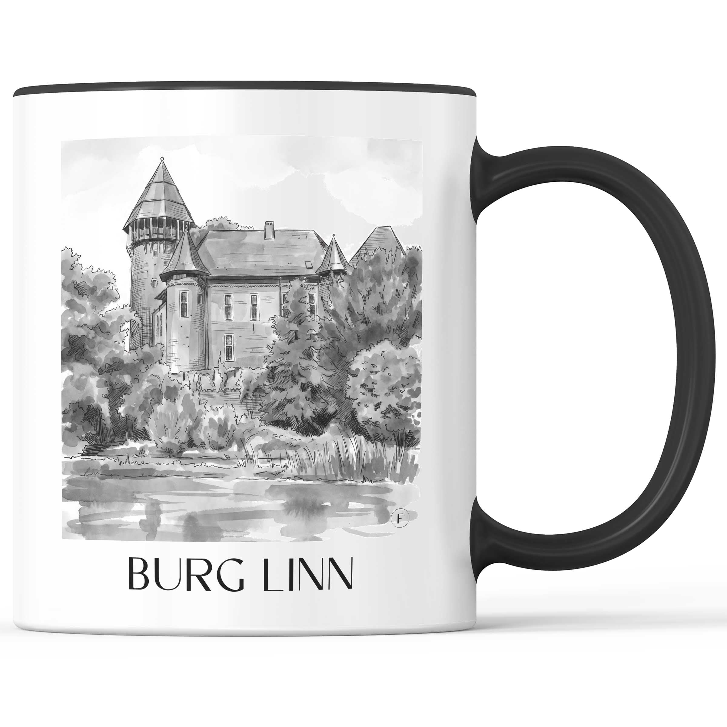 burg-linn-krefeld-deutschland-kaffeebecher-aquarell-schwarz-weiss