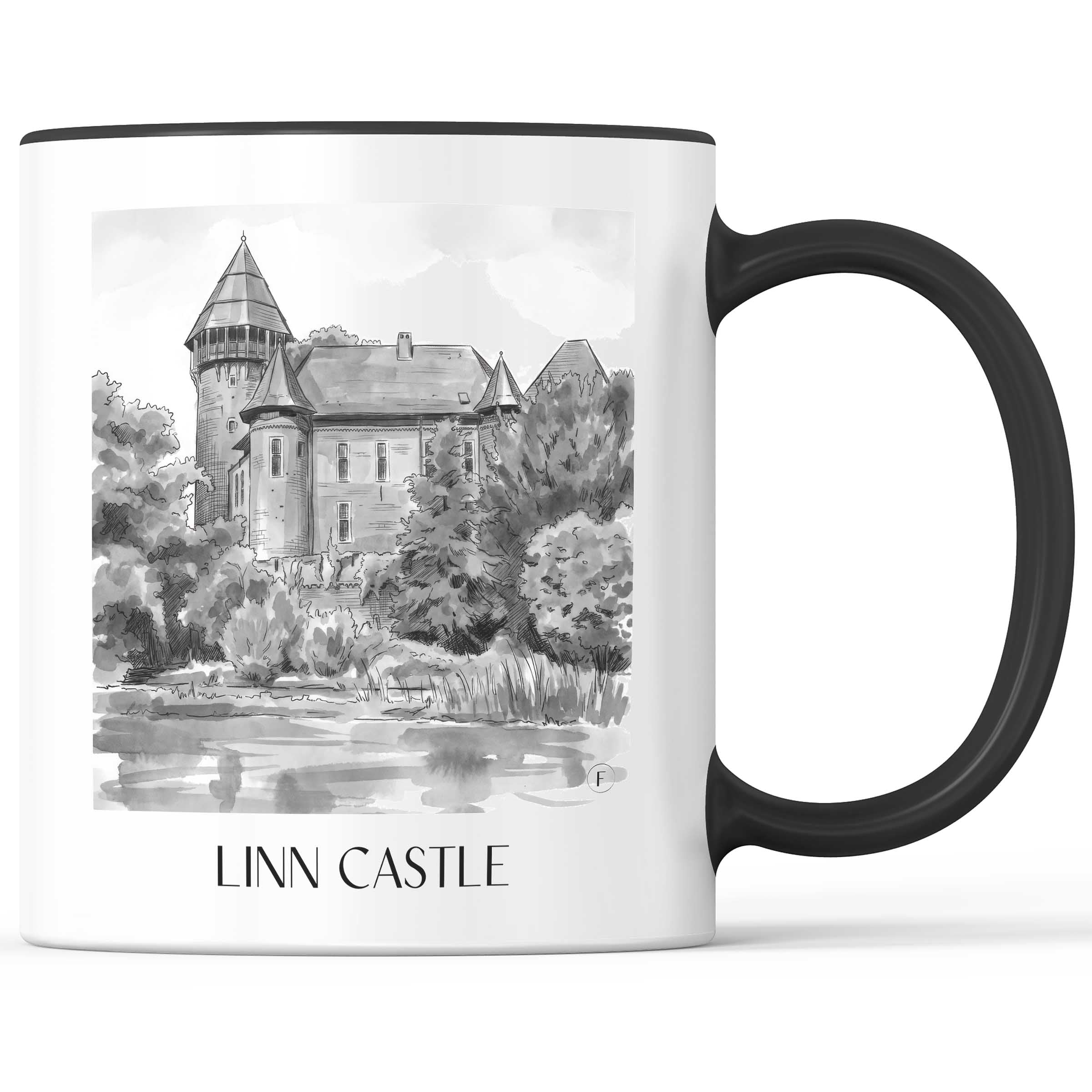 Burg Linn Kaffeebecher - Krefeld - Deutschland Becher - Kaffeetasse im Aquarell Schwarz-Weiß Stil
