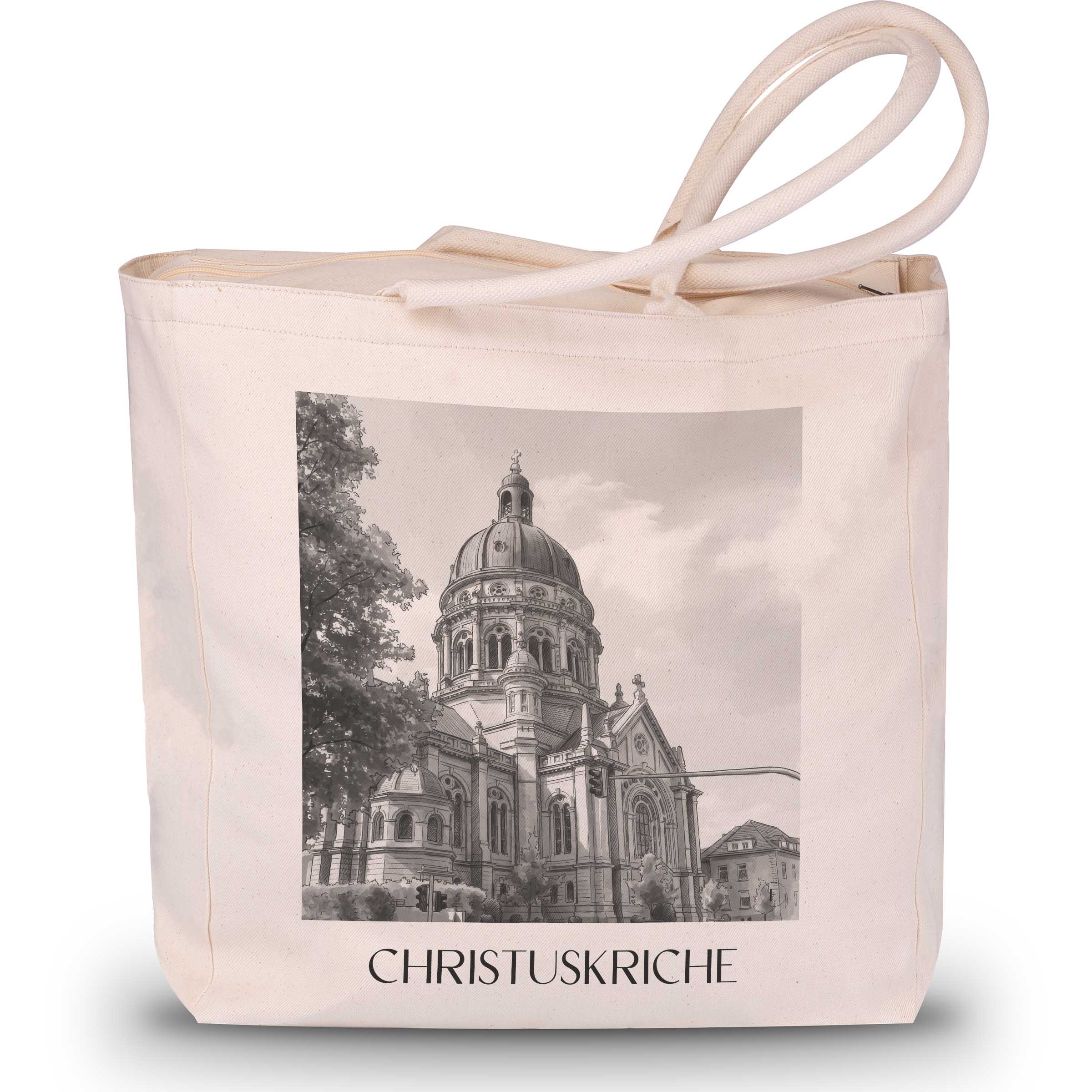 christuskriche-mainz-deutschland-einkaufstasche-aquarell-schwarz-weiss