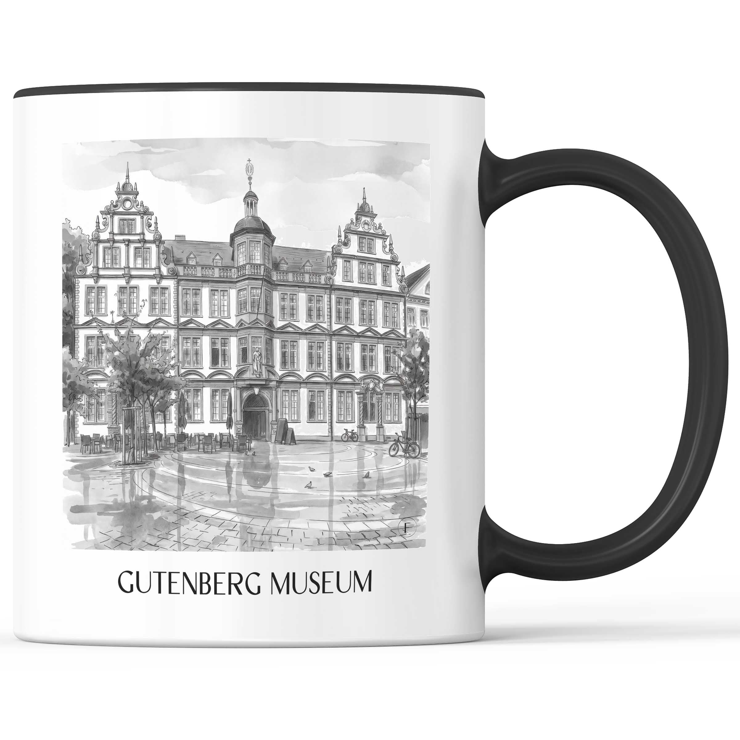 gutenberg-museum-mainz-deutschland-kaffeebecher-aquarell-schwarz-weiss