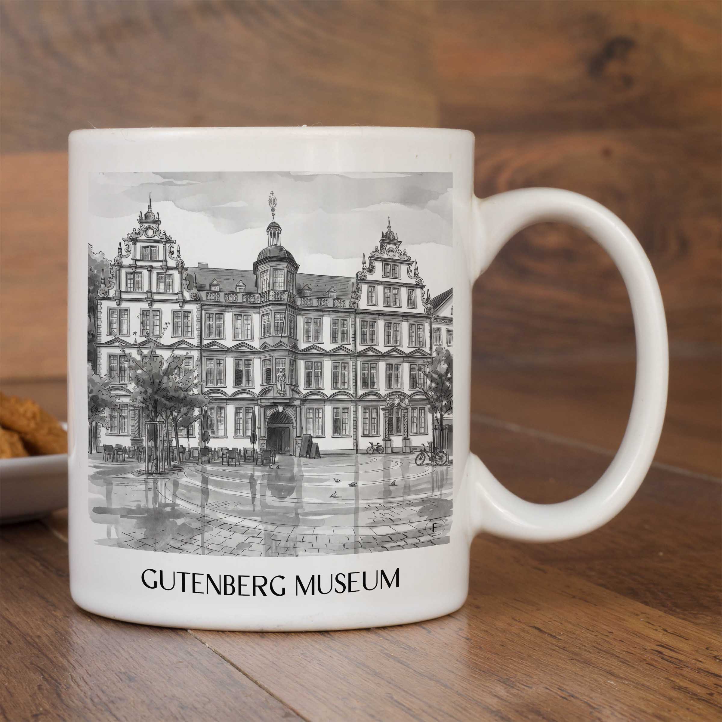 gutenberg-museum-mainz-deutschland-kaffeebecher-aquarell-schwarz-weiss