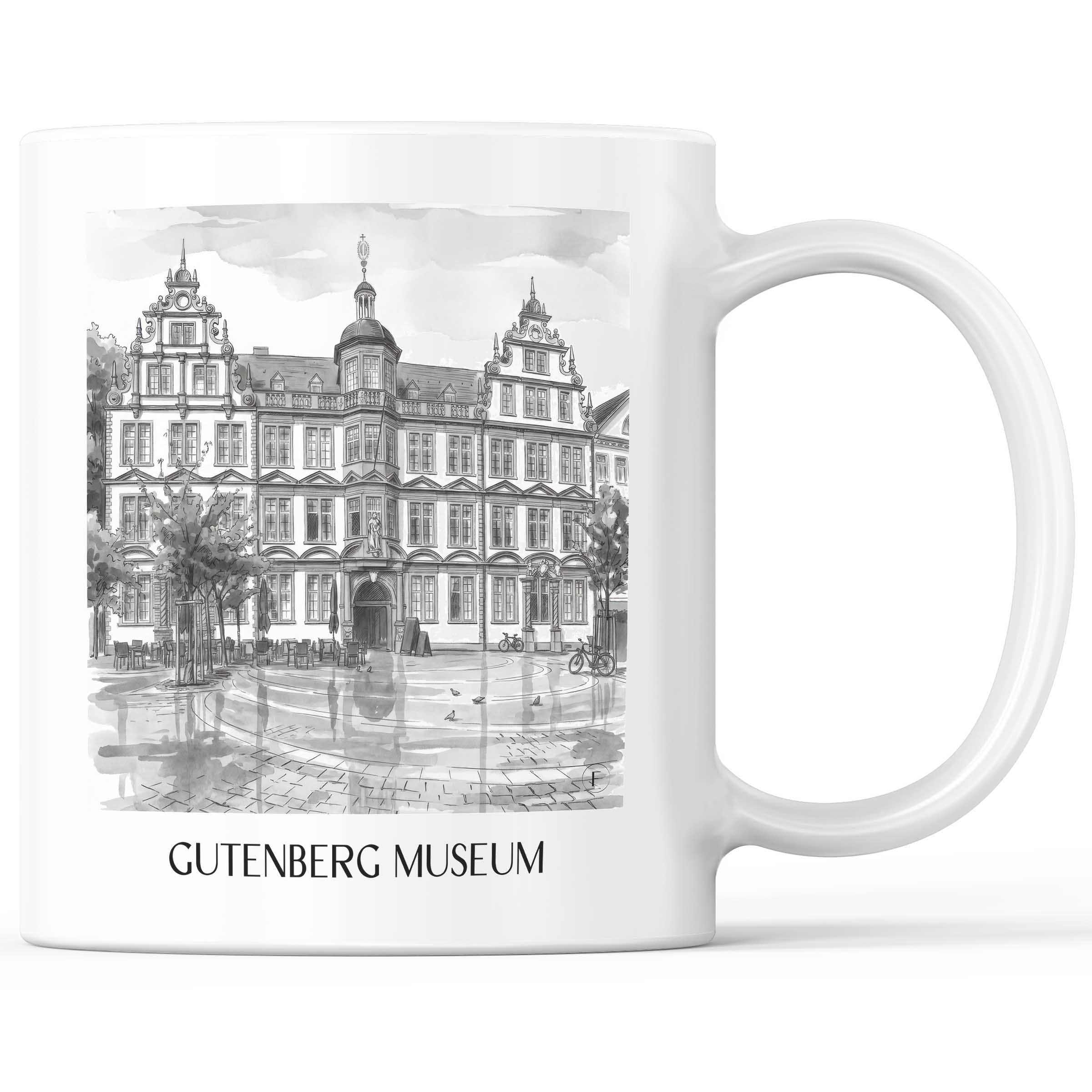 Gutenberg Museum Kaffeebecher - Mainz - Deutschland Becher - Kaffeetasse im Aquarell Schwarz-Weiß Stil