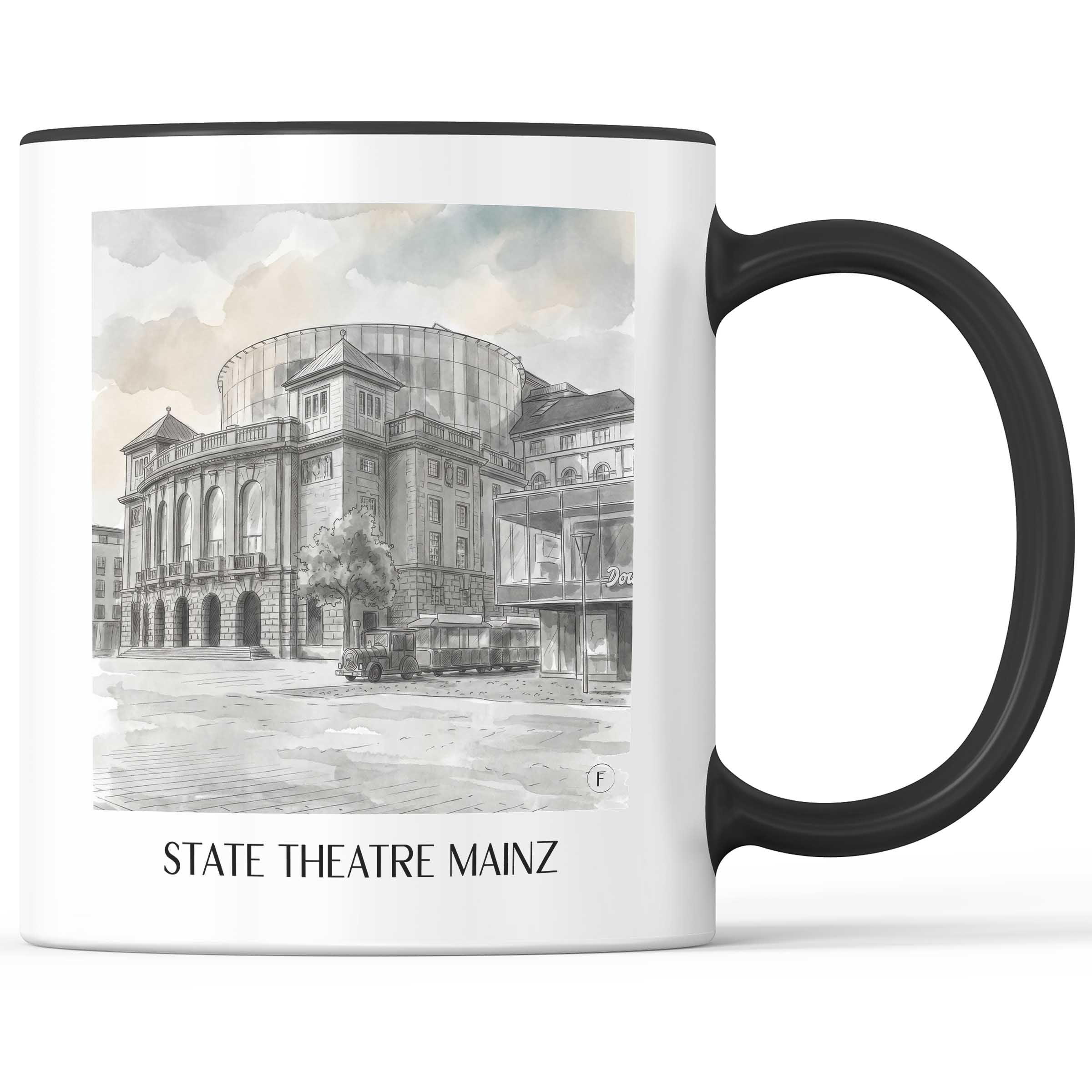 Staatstheater Kaffeebecher - Mainz - Deutschland Becher - Kaffeetasse im Aquarell Schwarz-Weiß Stil