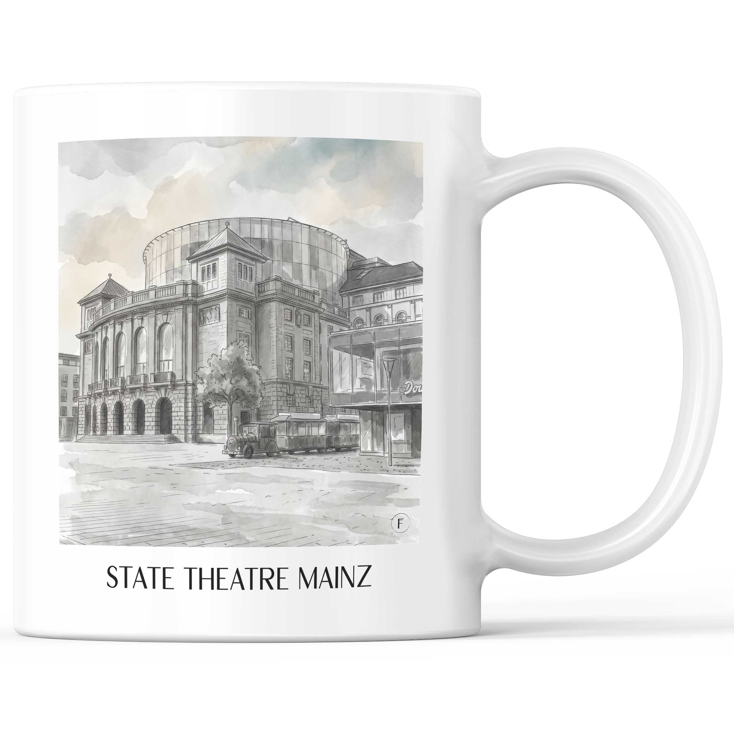 Staatstheater Kaffeebecher - Mainz - Deutschland Becher - Kaffeetasse im Aquarell Schwarz-Weiß Stil