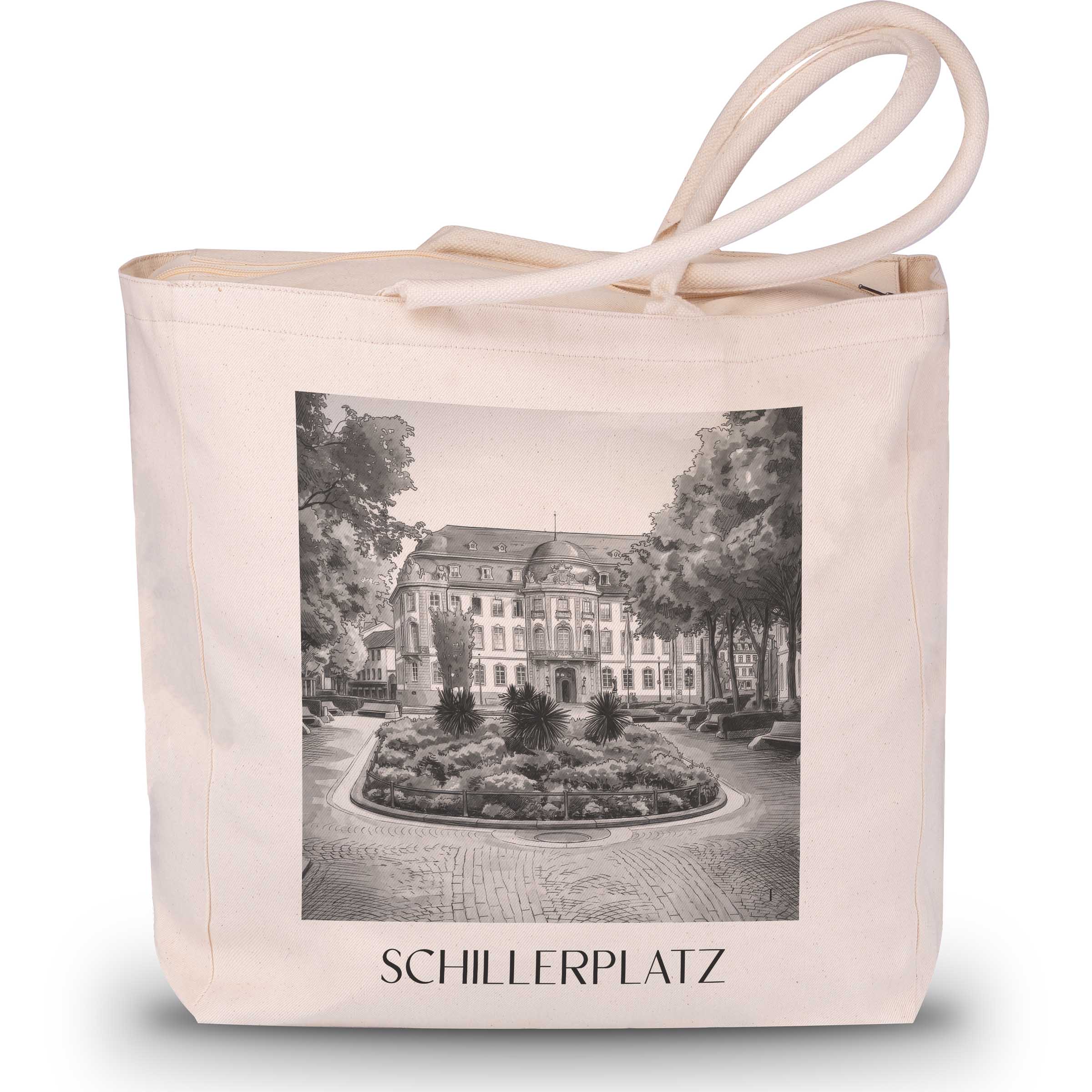 Schillerplatz Shopping Tasche - Mainz - Deutschland Tote Bag - Einkaufstasche im Aquarell Schwarz-Weiß Stil