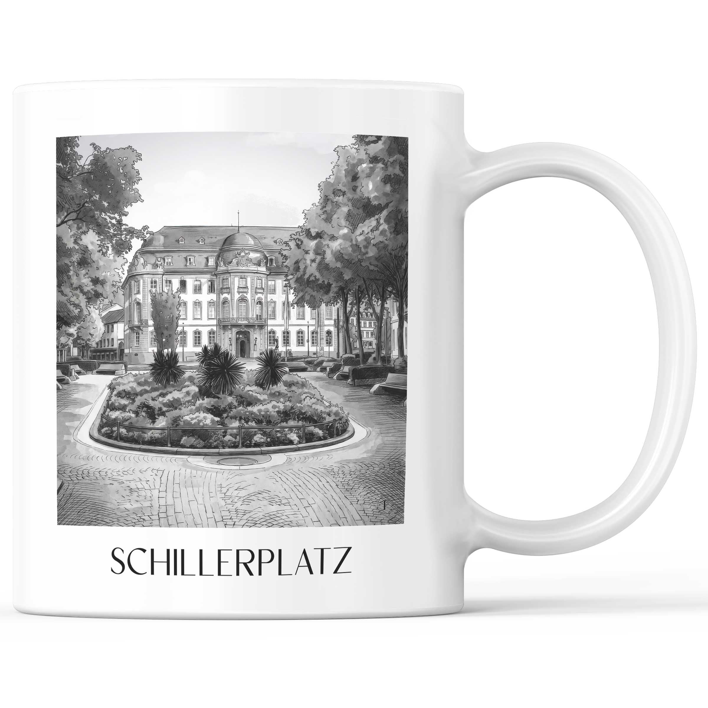 Schillerplatz Kaffeebecher - Mainz - Deutschland Becher - Kaffeetasse im Aquarell Schwarz-Weiß Stil