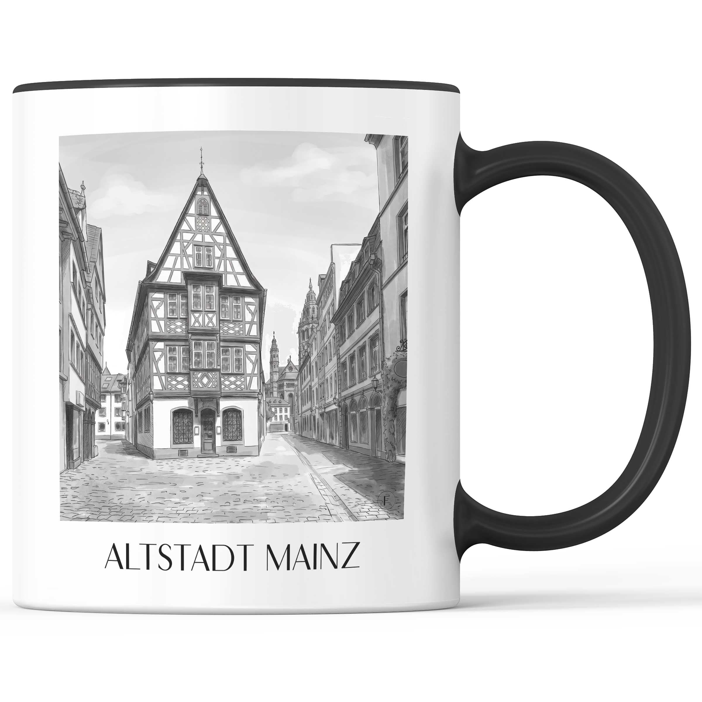 altstadt-mainz-deutschland-kaffeebecher-aquarell-schwarz-weiss