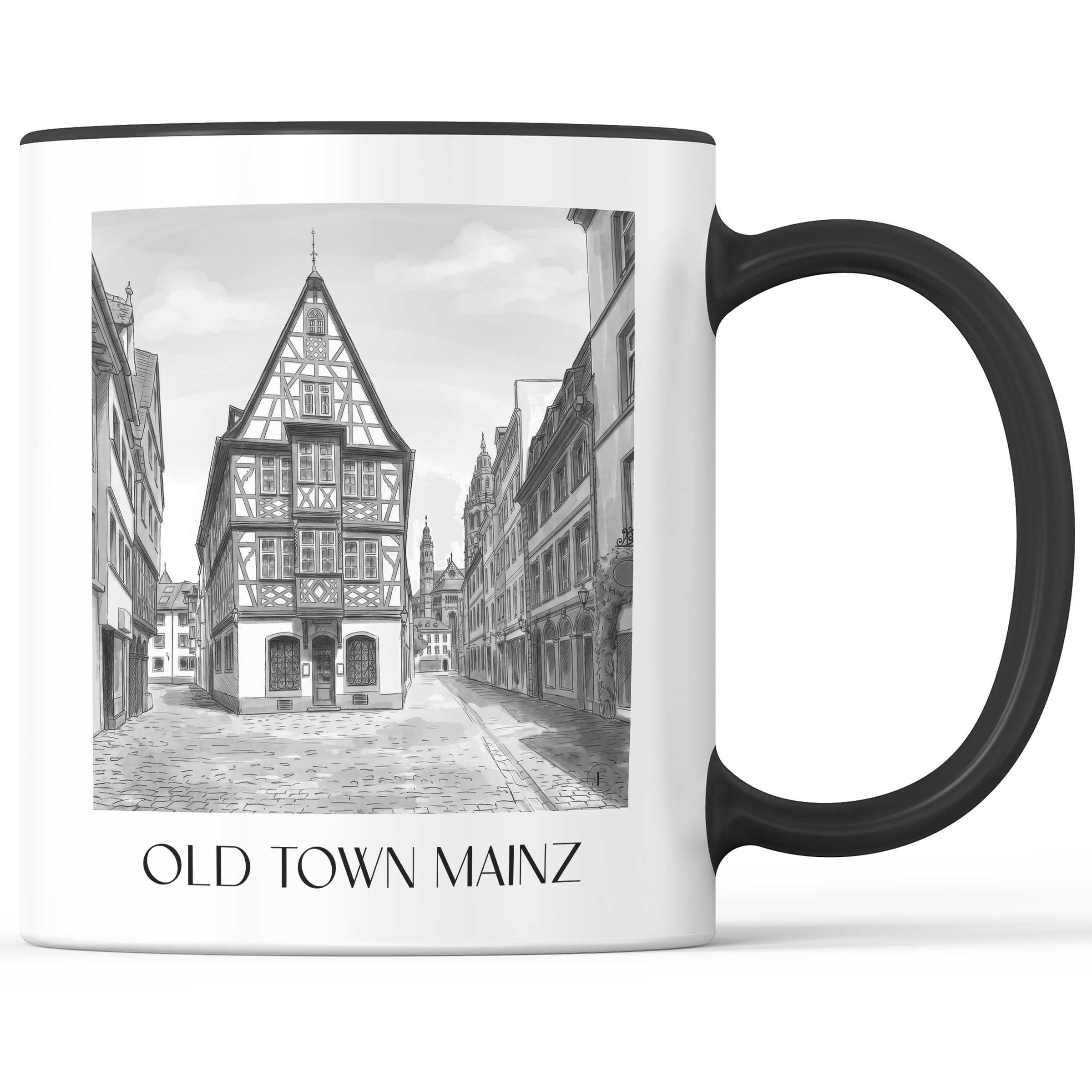 Altstadt Kaffeebecher - Mainz - Deutschland Becher - Kaffeetasse im Aquarell Schwarz-Weiß Stil