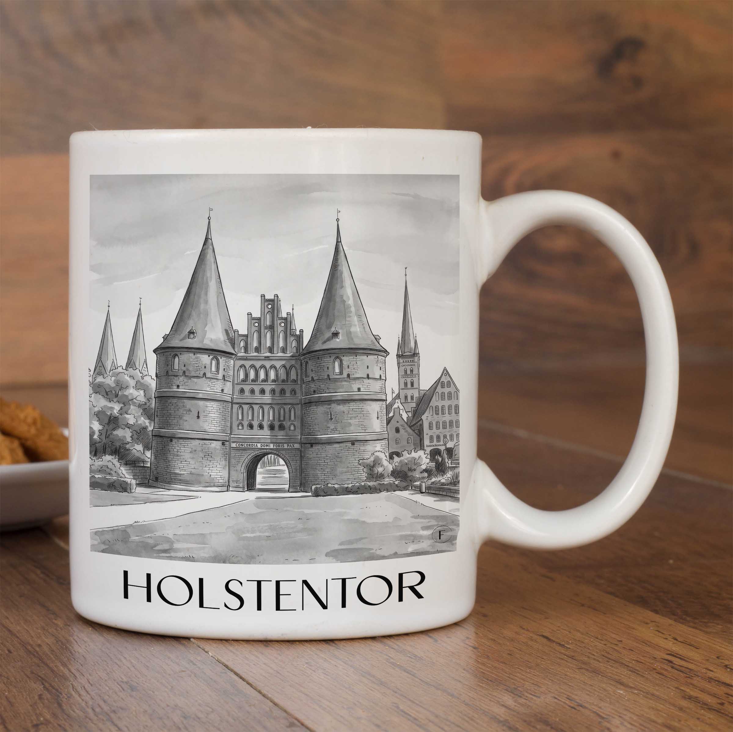 holstentor-lübeck-deutschland-kaffeebecher-aquarell-schwarz-weiss