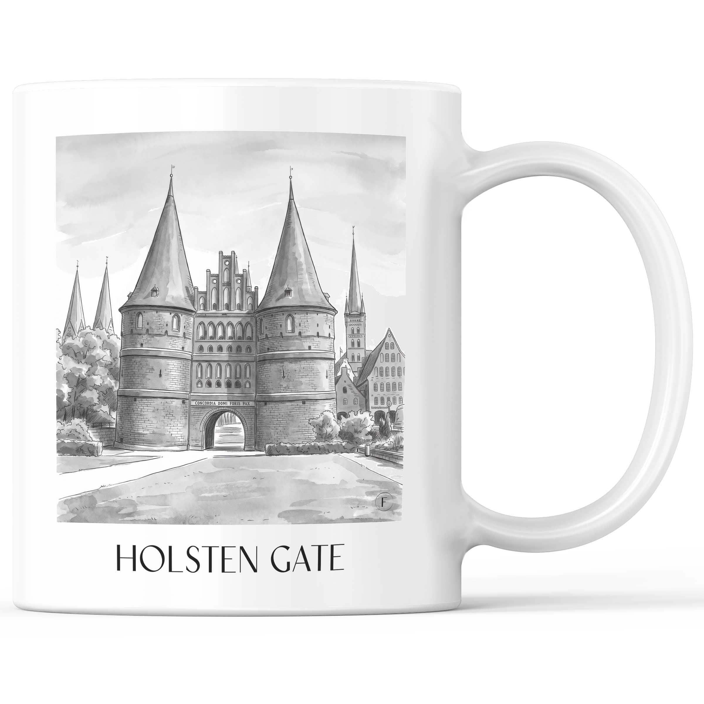 Holstentor Kaffeebecher - Lübeck - Deutschland Becher - Kaffeetasse im Aquarell Schwarz-Weiß Stil