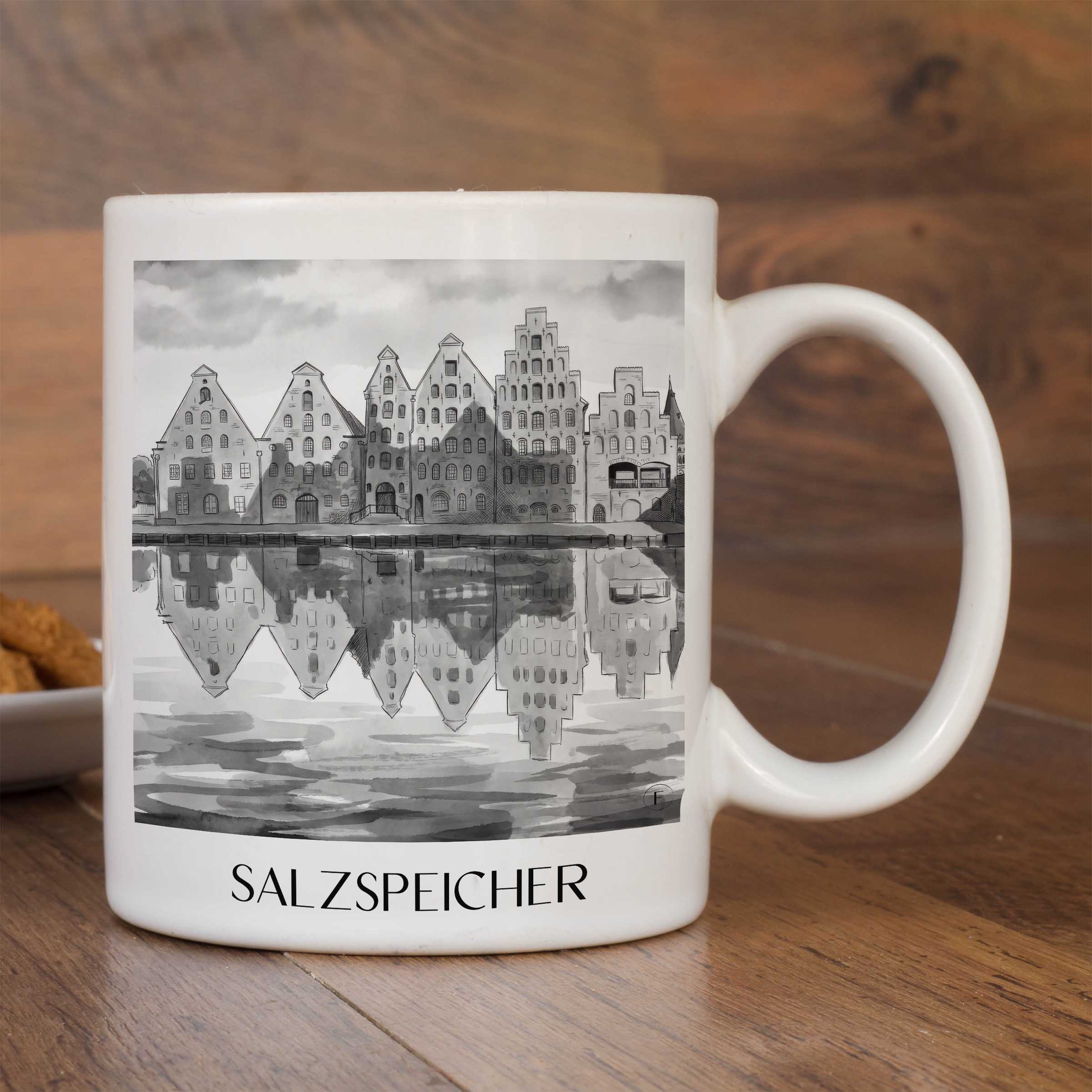 salzspeicher-lübeck-deutschland-kaffeebecher-aquarell-schwarz-weiss