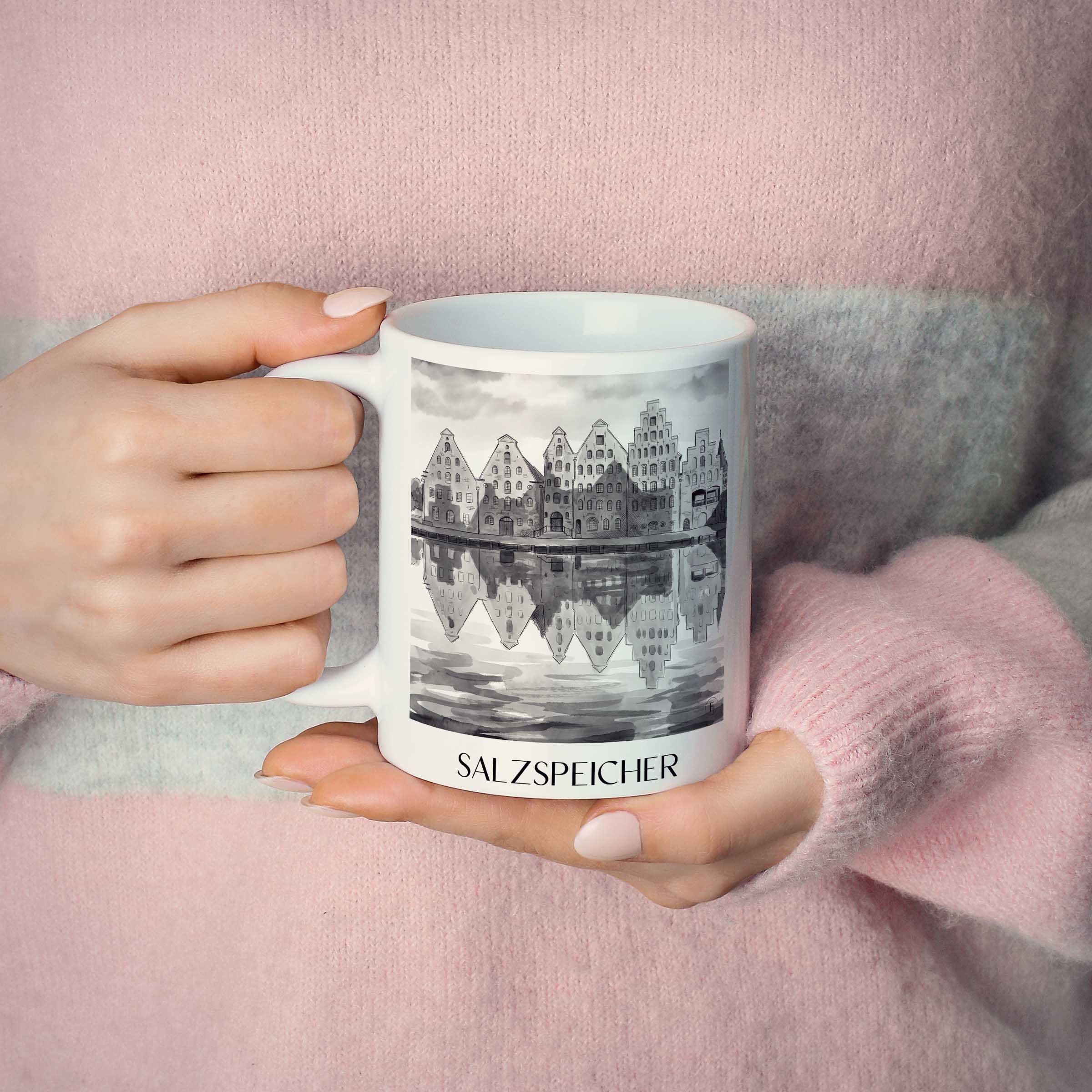 salzspeicher-lübeck-deutschland-kaffeebecher-aquarell-schwarz-weiss