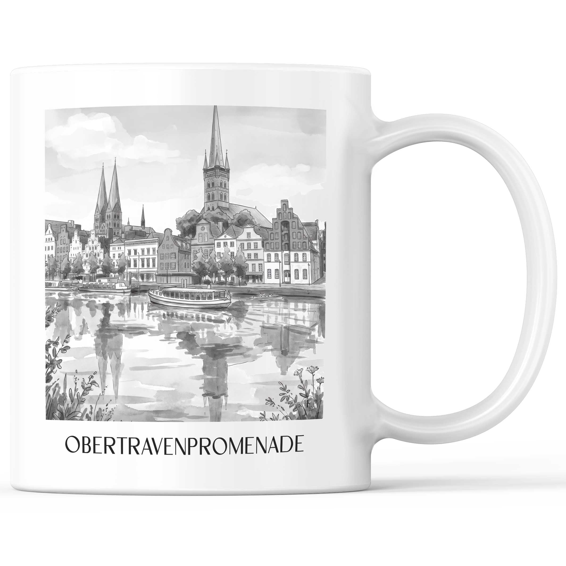 Obertravenpromenade Kaffeebecher - Lübeck - Deutschland Becher - Kaffeetasse im Aquarell Schwarz-Weiß Stil