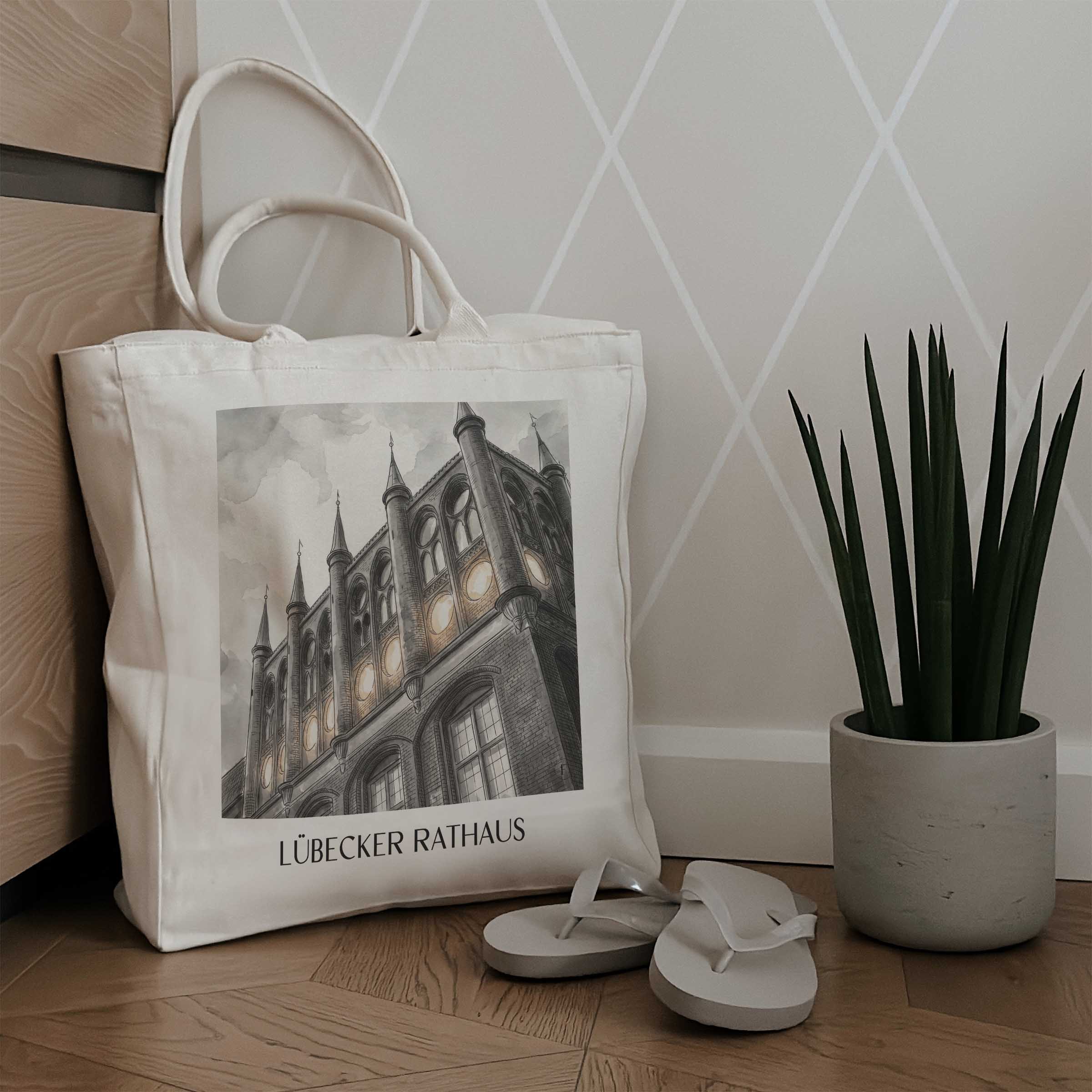 rathaus-lübeck-deutschland-einkaufstasche-aquarell-schwarz-weiss