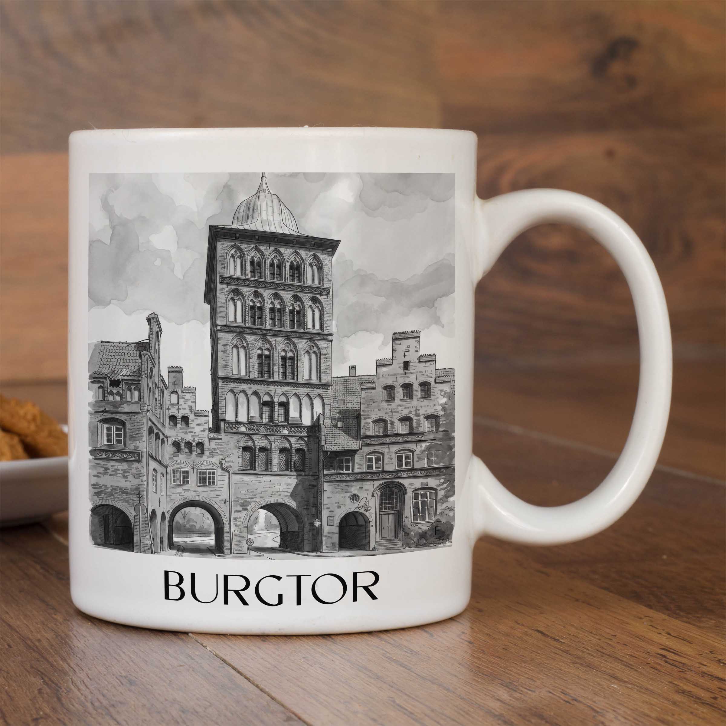 burgtor-lübeck-deutschland-kaffeebecher-aquarell-schwarz-weiss