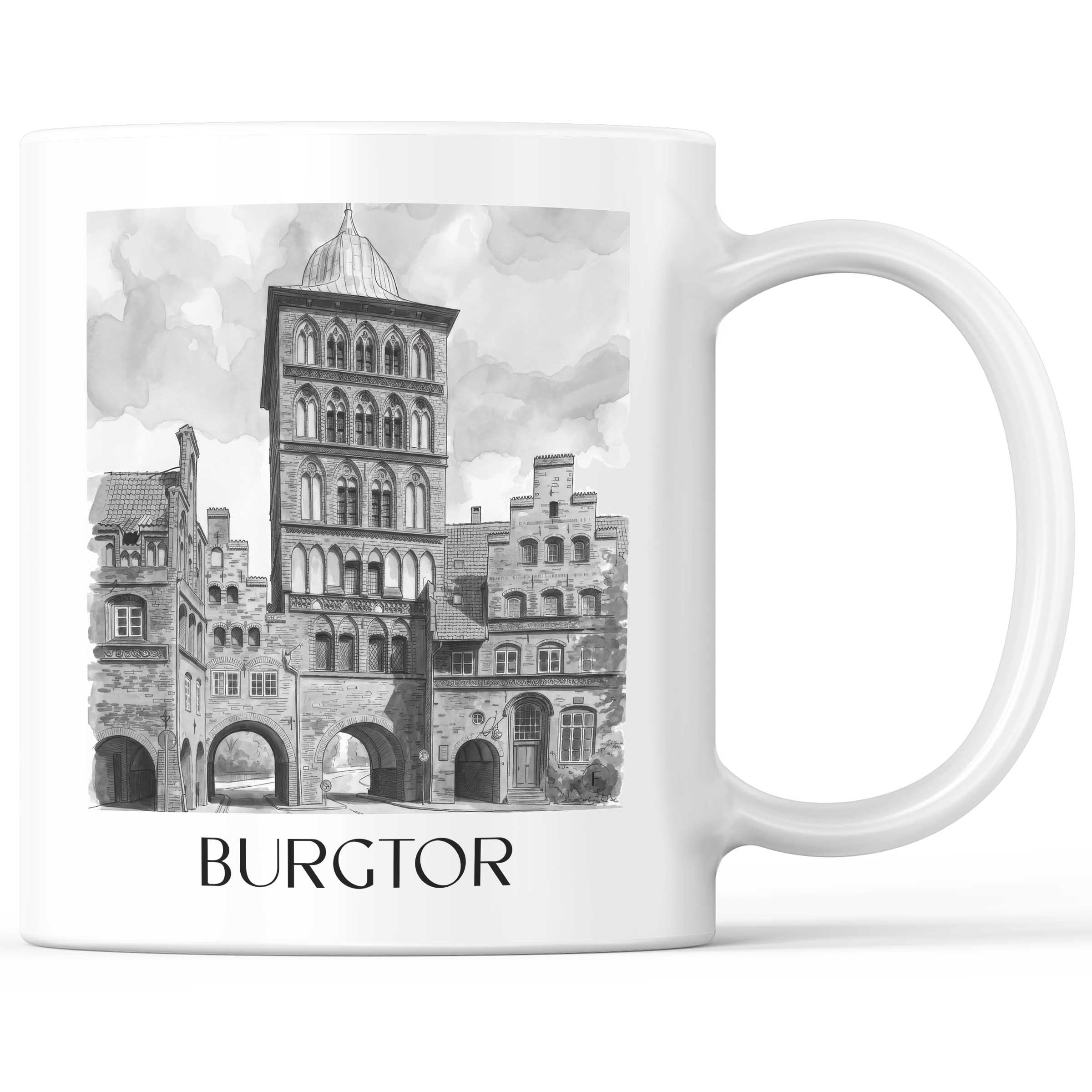 burgtor-lübeck-deutschland-kaffeebecher-aquarell-schwarz-weiss