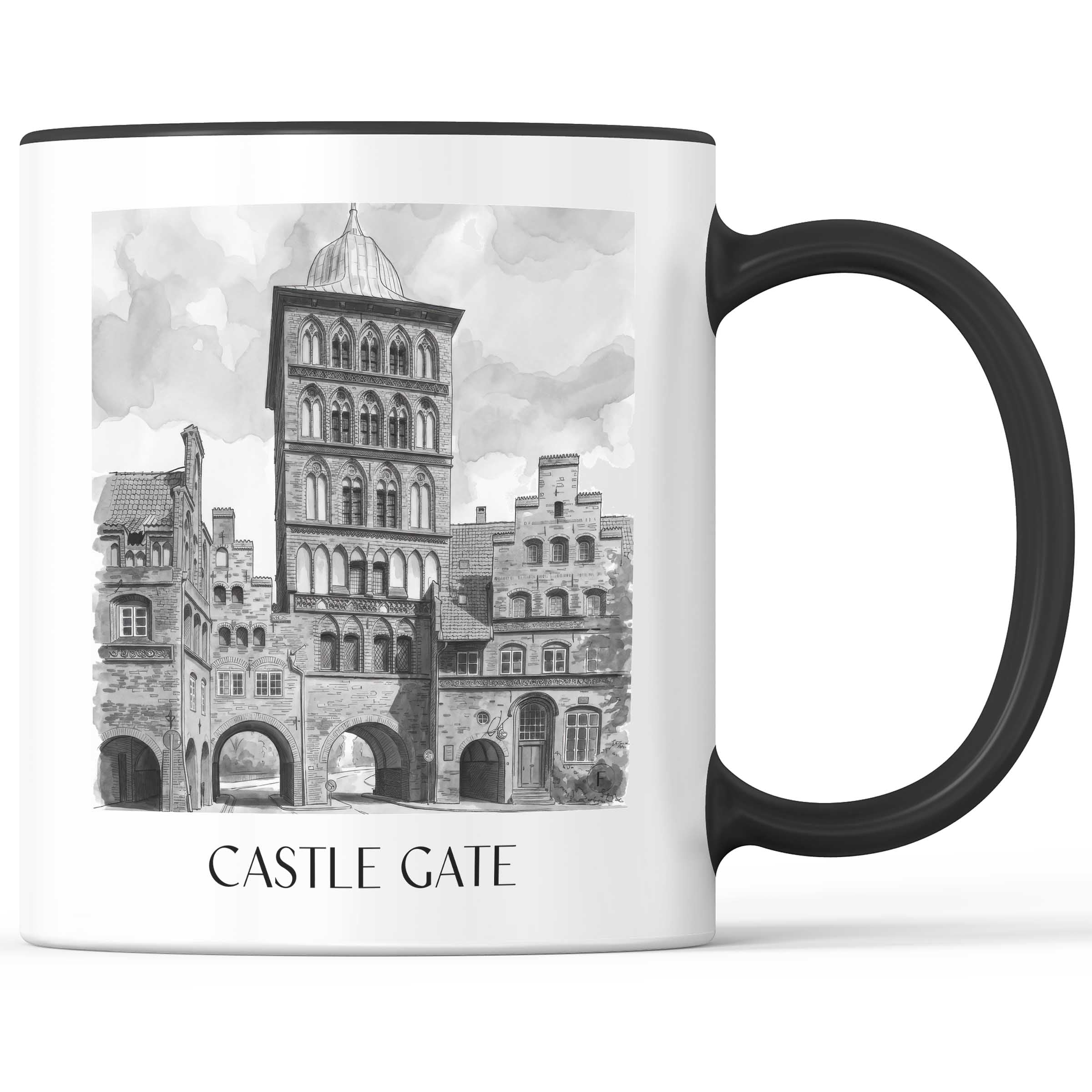 Burgtor Kaffeebecher - Lübeck - Deutschland Becher - Kaffeetasse im Aquarell Schwarz-Weiß Stil