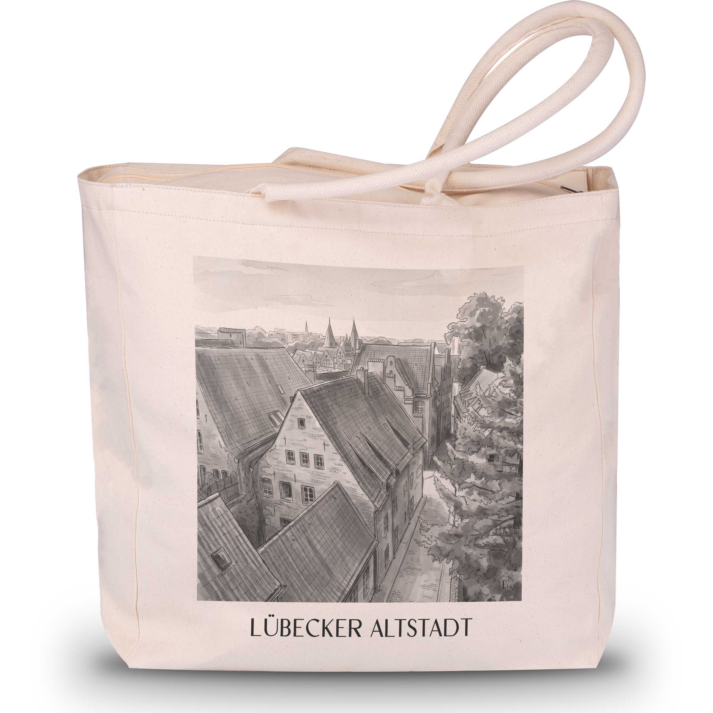 altstadt-lübeck-deutschland-einkaufstasche-aquarell-schwarz-weiss