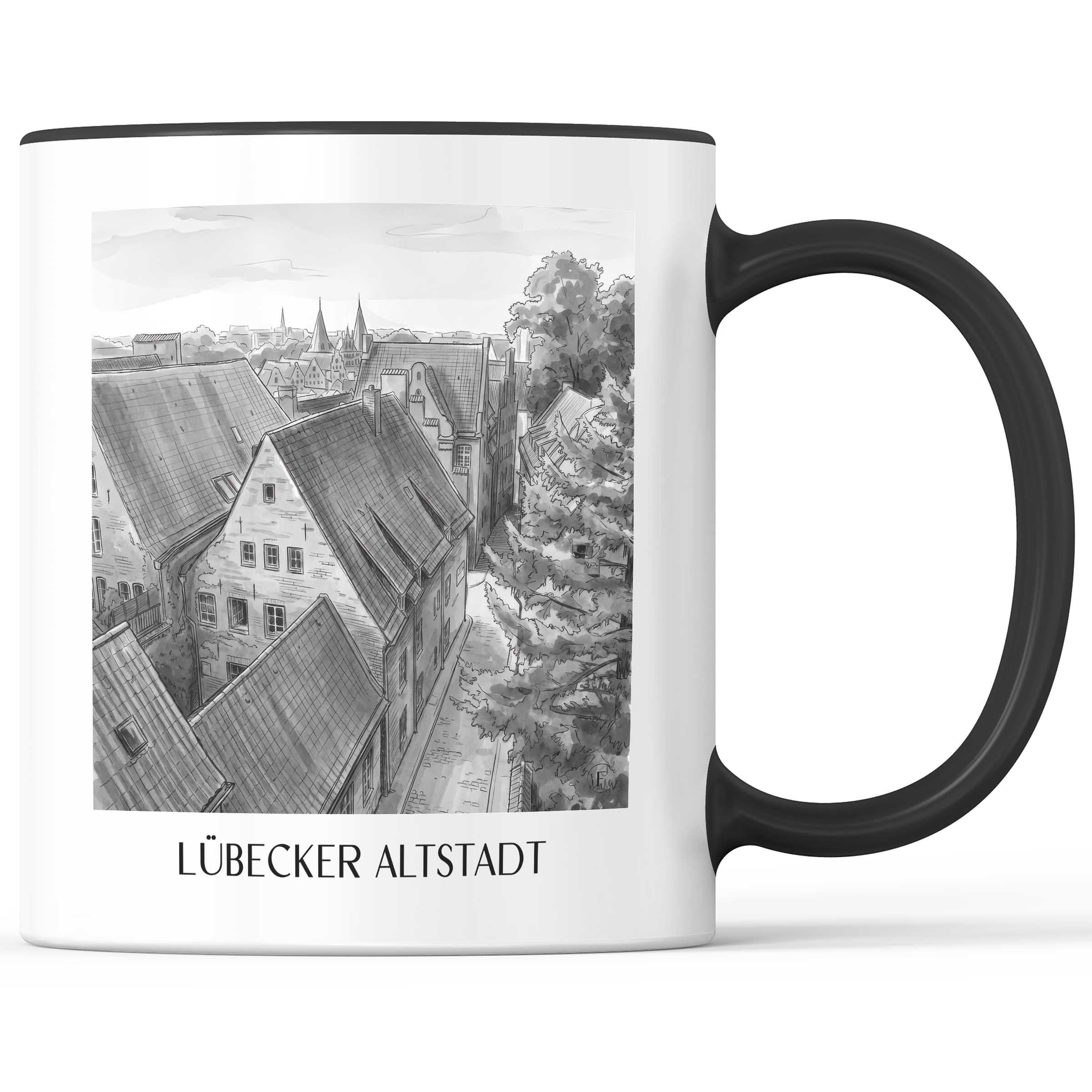 altstadt-lübeck-deutschland-kaffeebecher-aquarell-schwarz-weiss