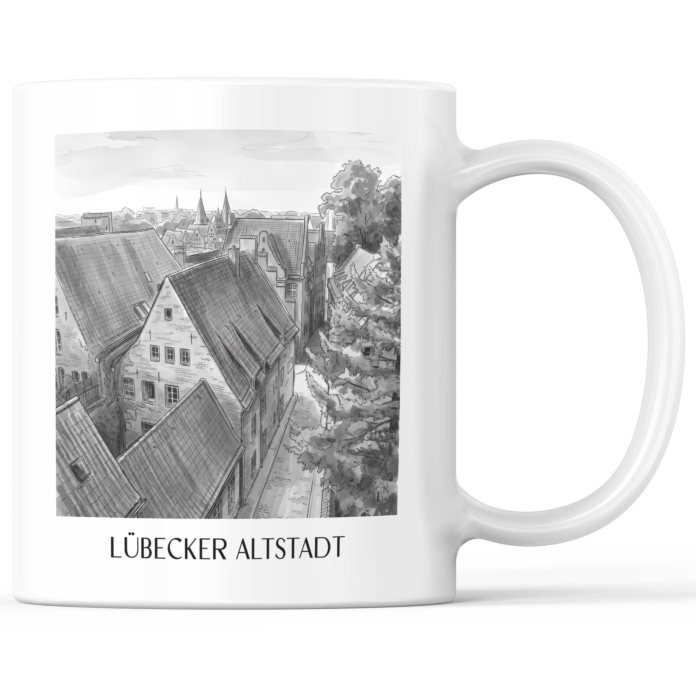 altstadt-lübeck-deutschland-kaffeebecher-aquarell-schwarz-weiss