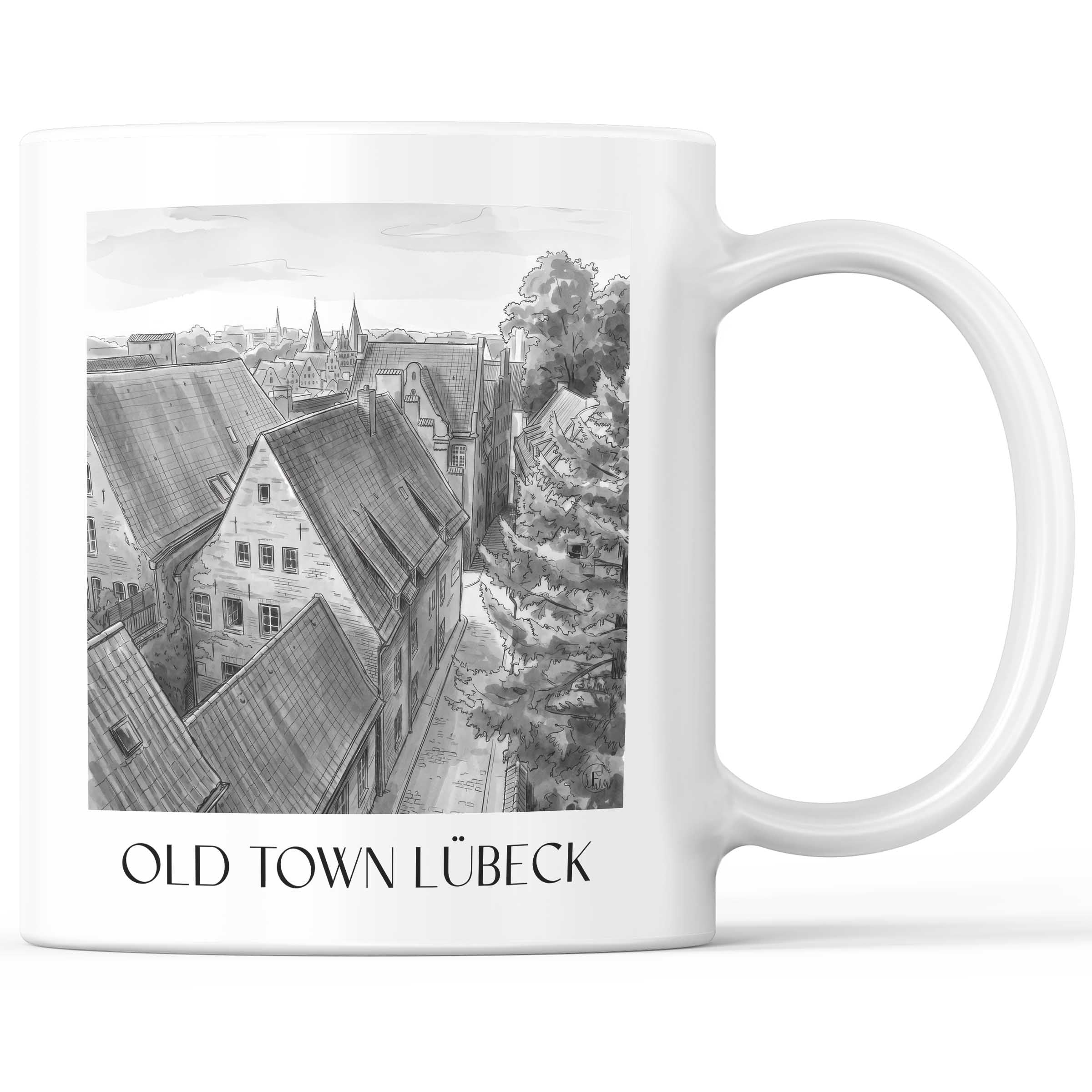 Altstadt Kaffeebecher - Lübeck - Deutschland Becher - Kaffeetasse im Aquarell Schwarz-Weiß Stil