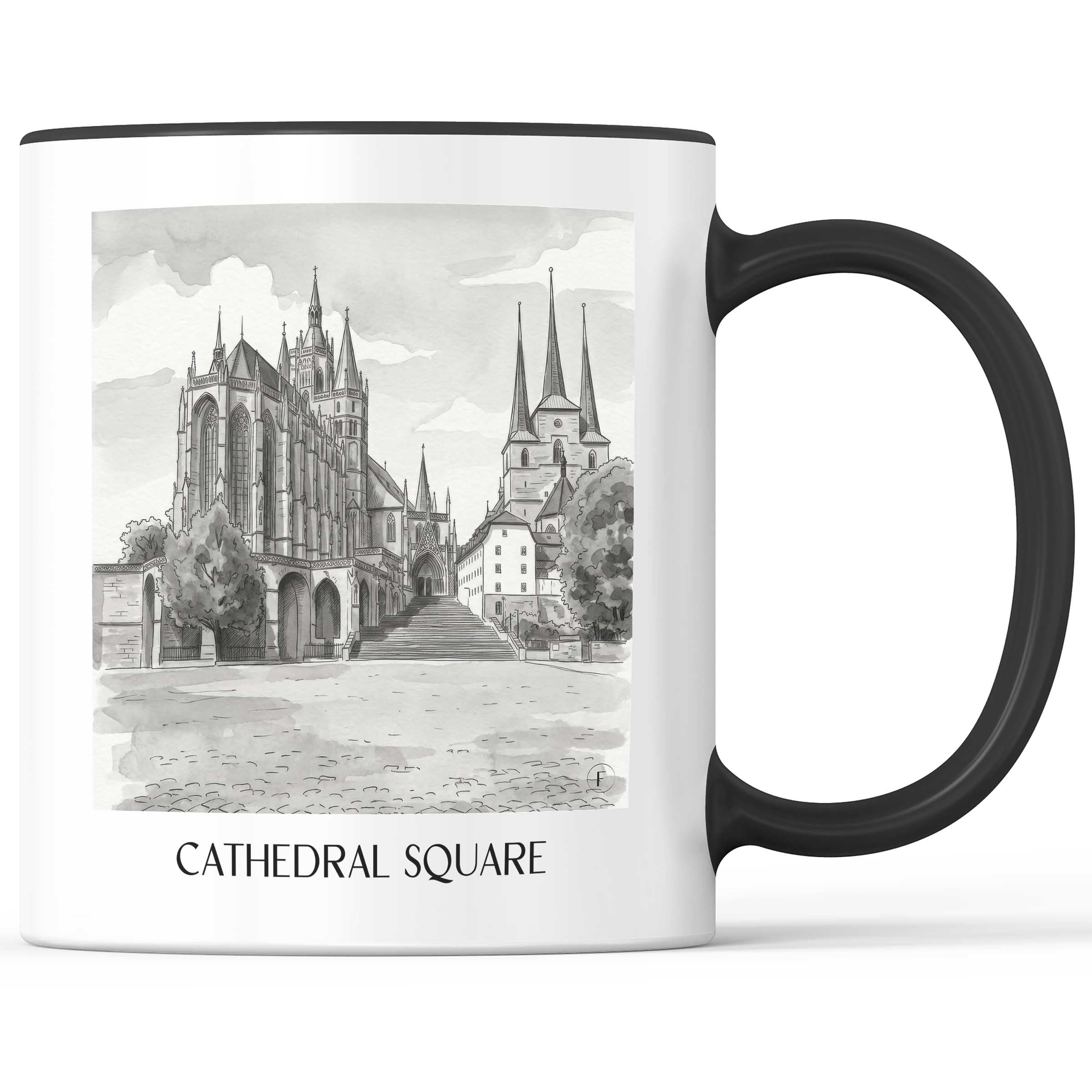 Domplatz Kaffeebecher - Erfurt - Deutschland Becher - Kaffeetasse im Aquarell Schwarz-Weiß Stil