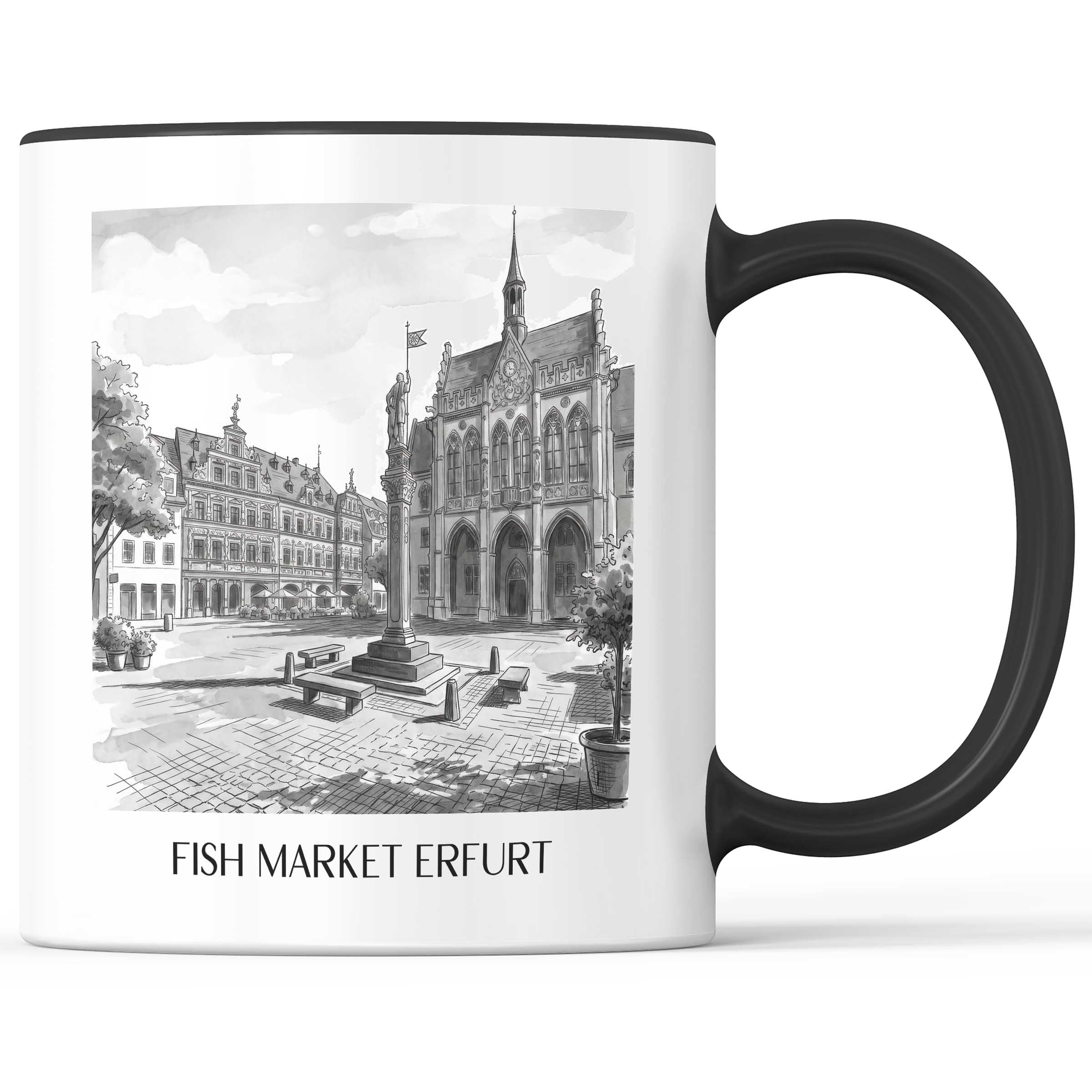 Fischmarkt Kaffeebecher - Erfurt - Deutschland Becher - Kaffeetasse im Aquarell Schwarz-Weiß Stil