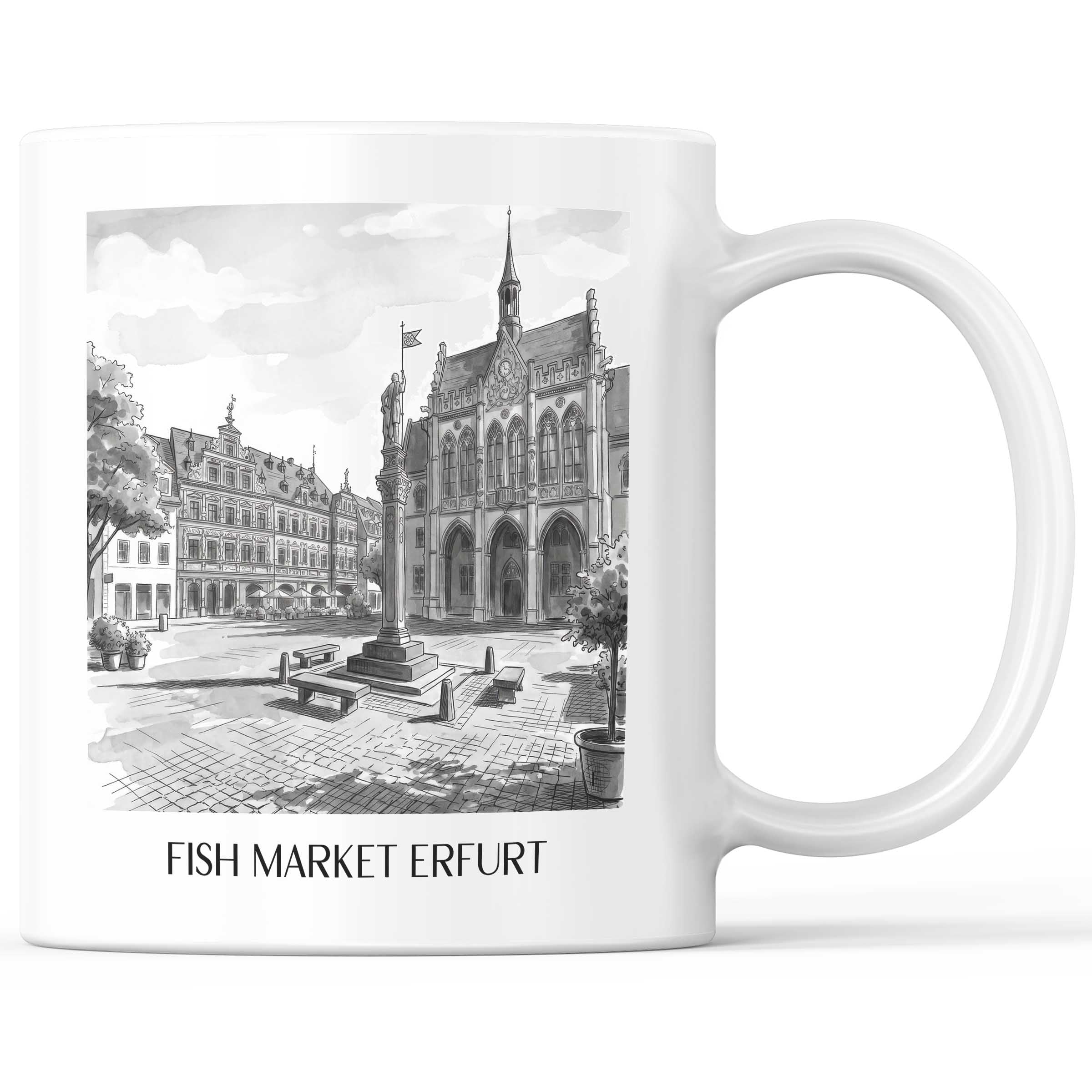 Fischmarkt Kaffeebecher - Erfurt - Deutschland Becher - Kaffeetasse im Aquarell Schwarz-Weiß Stil