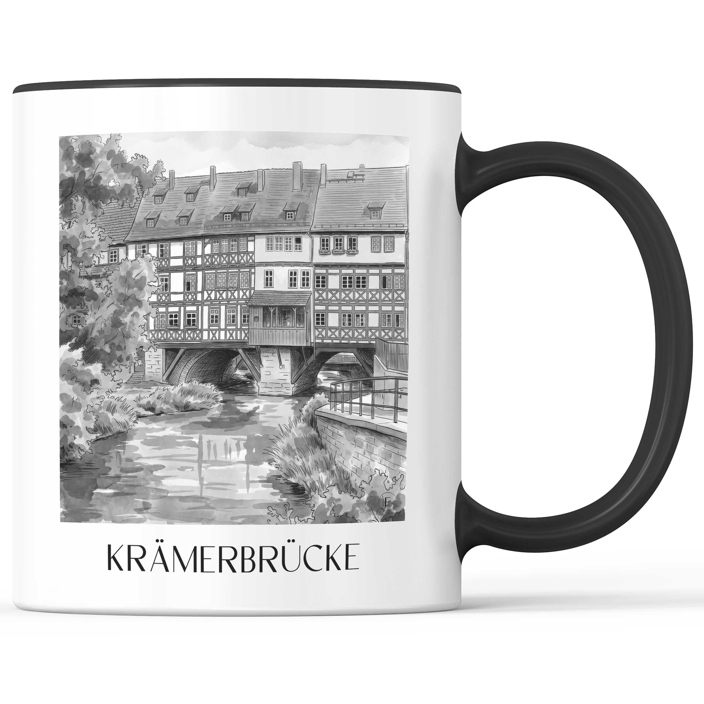 krämerbrücke-erfurt-deutschland-kaffeebecher-aquarell-schwarz-weiss