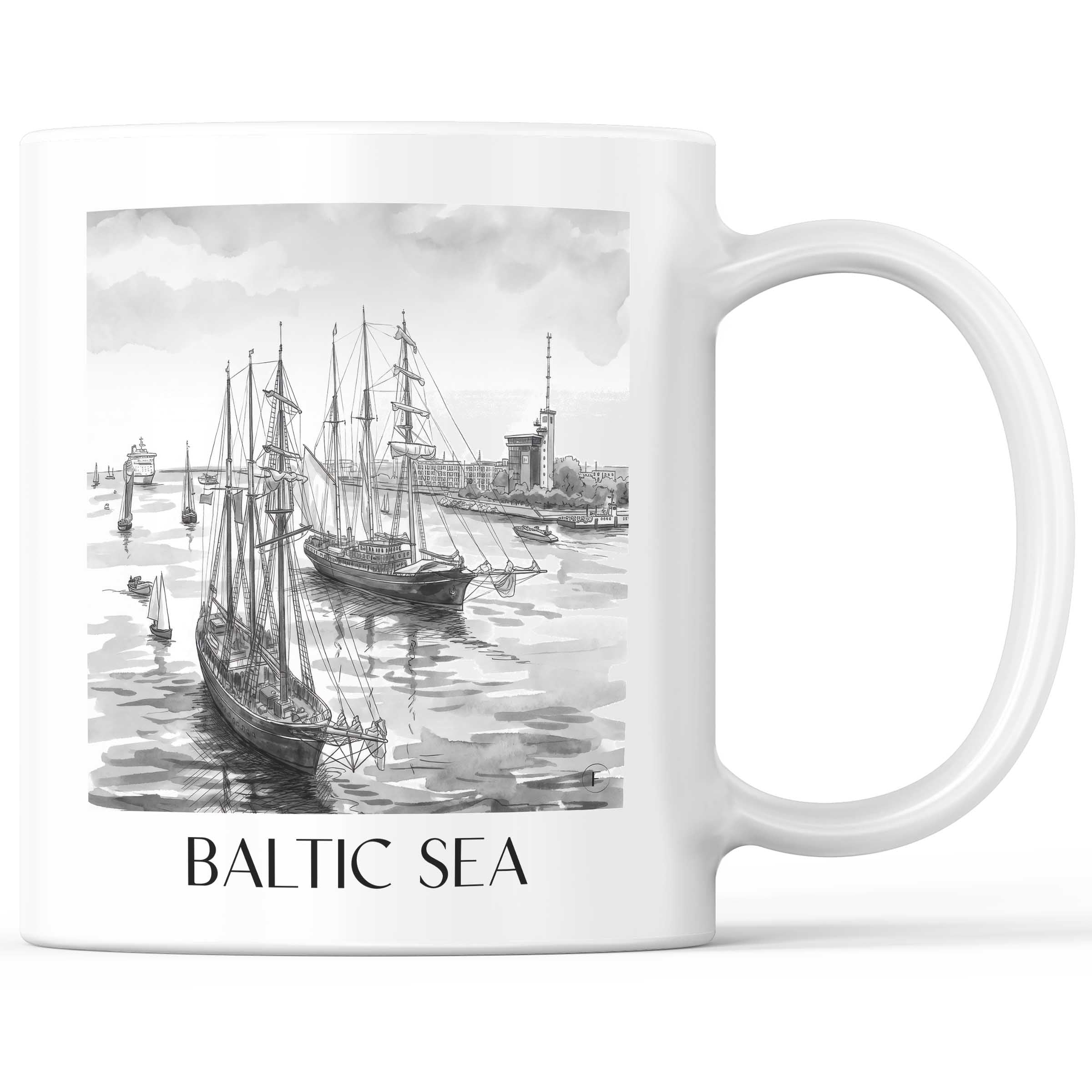Ostsee Kaffeebecher - Rostock - Deutschland Becher - Kaffeetasse im Aquarell Schwarz-Weiß Stil