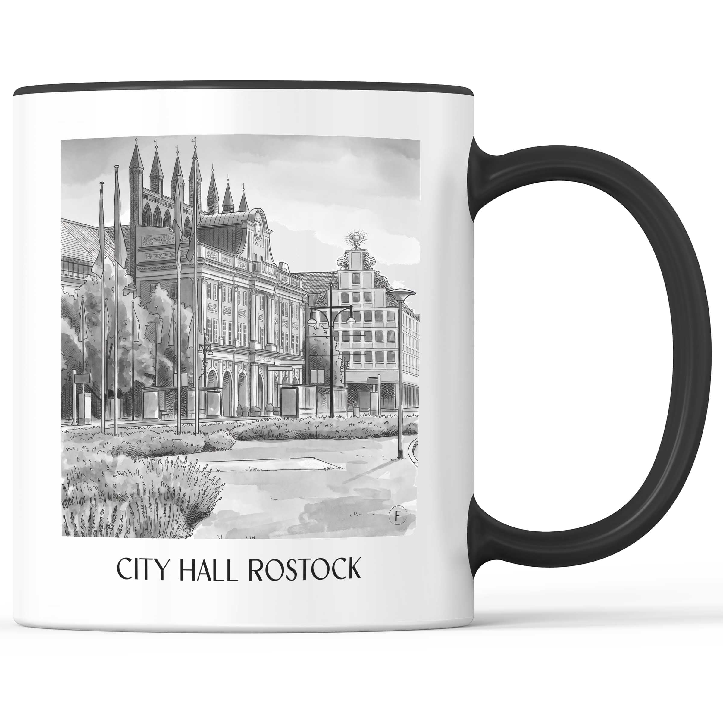 Rathaus Kaffeebecher - Rostock - Deutschland Becher - Kaffeetasse im Aquarell Schwarz-Weiß Stil