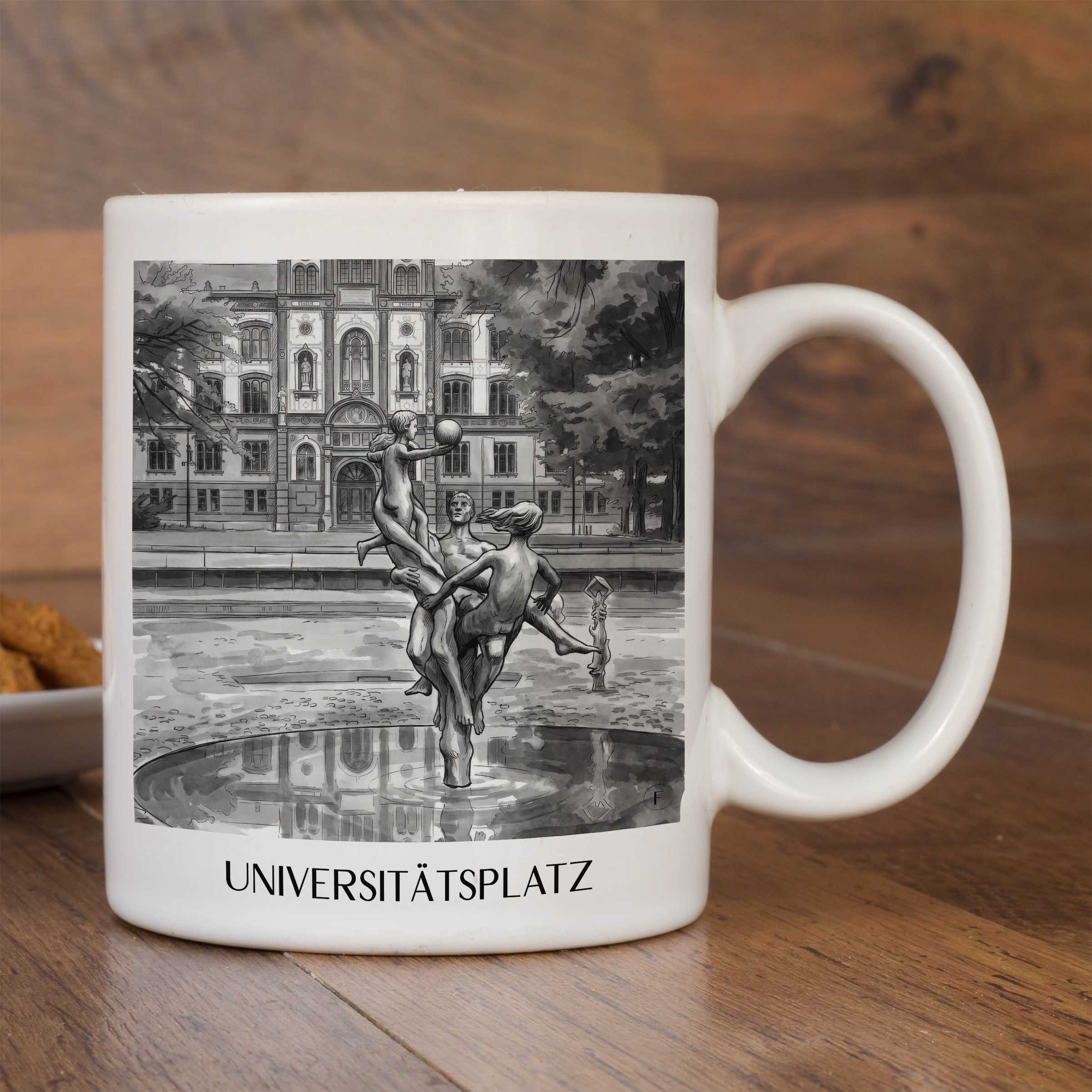 universitätsplatz-rostock-deutschland-kaffeebecher-aquarell-schwarz-weiss