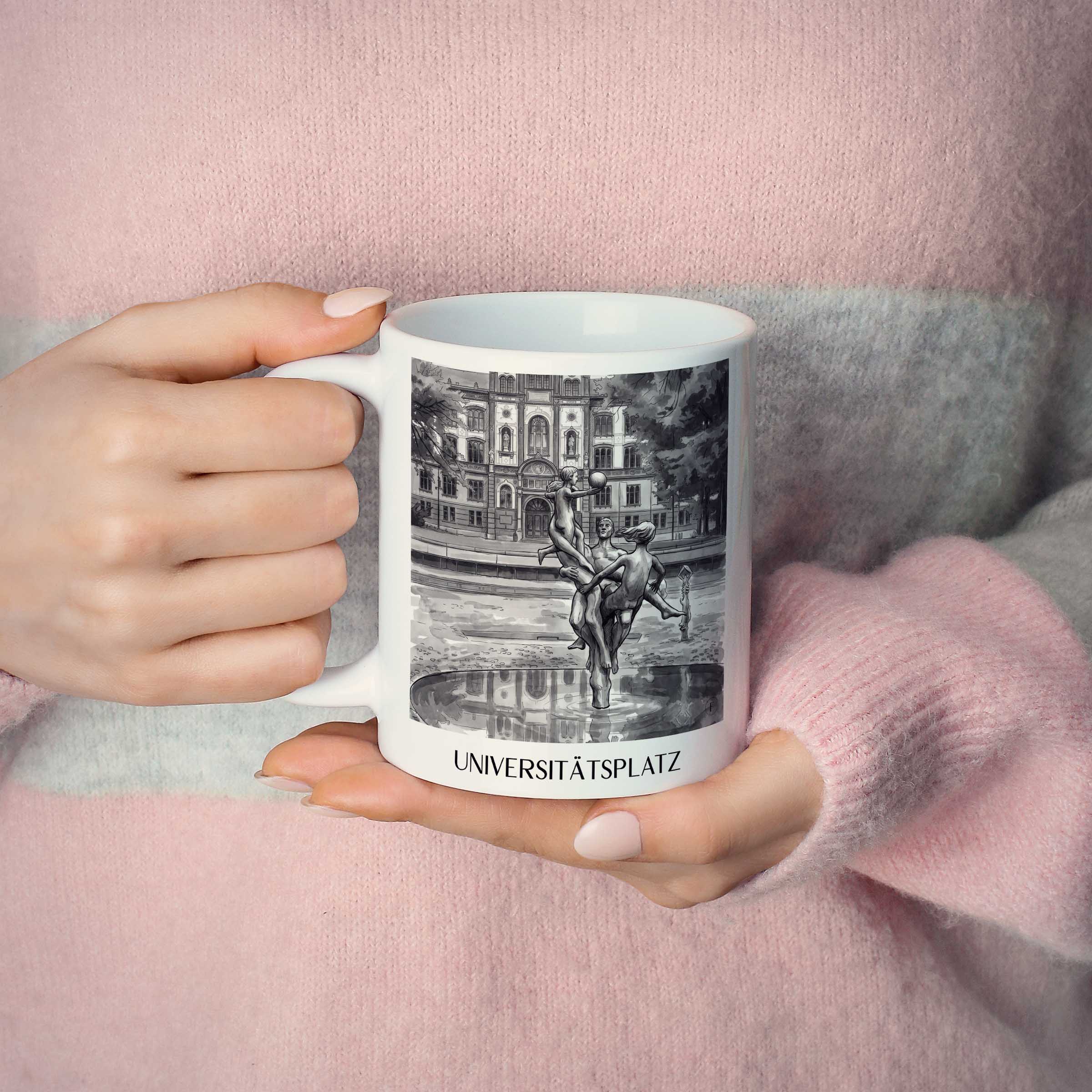 universitätsplatz-rostock-deutschland-kaffeebecher-aquarell-schwarz-weiss