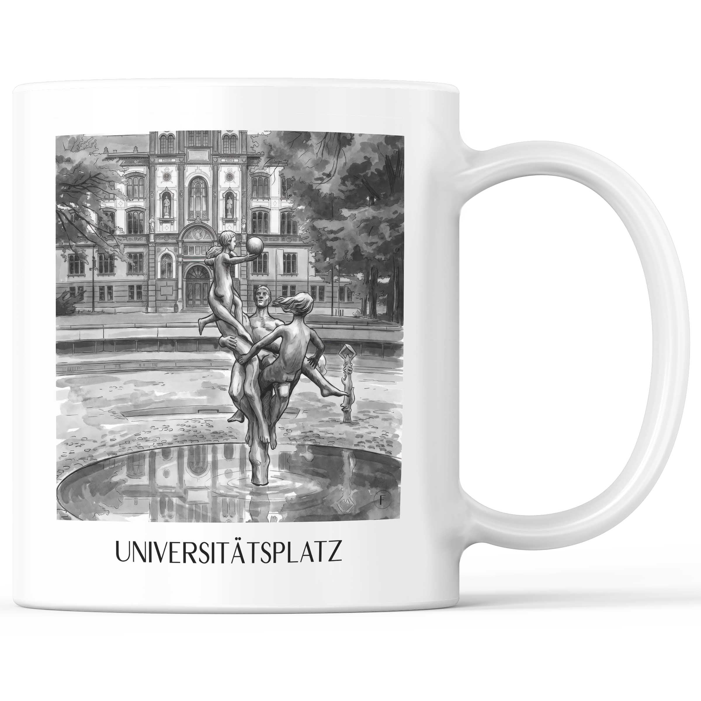 universitätsplatz-rostock-deutschland-kaffeebecher-aquarell-schwarz-weiss